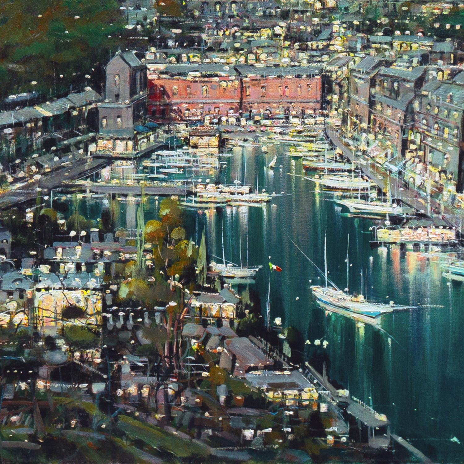 Signed lower right, 'Sanzone' for Mario Sanzone (Italian, born 1946) and titled, 'Portofino'. 
Previously with: Zantman Art Galleries, Carmel, CA. 

A substantial oil on canvas showing an atmospheric view of this jewel of the Italian Riviera