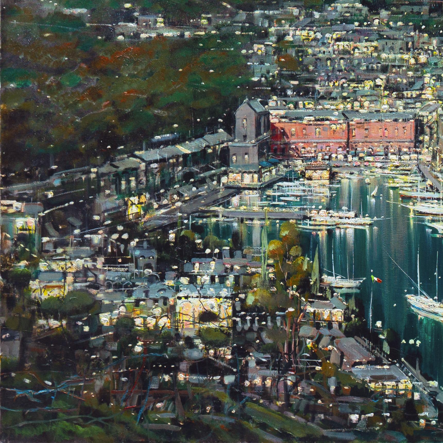 Signed lower right, 'Sanzone' for Mario Sanzone (Italian, born 1946) and titled, 'Portofino'. 

A substantial oil on canvas showing an atmospheric view of this jewel of the Italian Riviera sparkling with night-time lights.

Born in Naples in 1946,