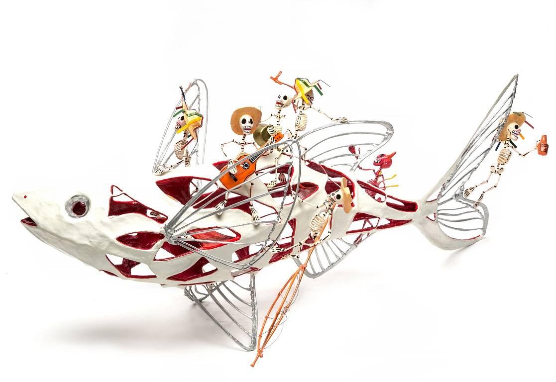 Mario Saulo Moreno Contreras Abstract Sculpture - 28'' Algo de Michoacan / Carton, Paper and Tin Sculpture Mexican Folk Art 