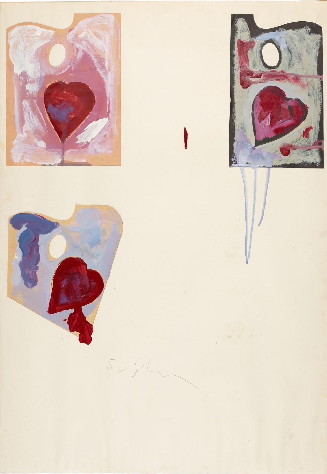 Mario Schifano Abstract Painting - "Hearts and Palettes" Enamel and collage cm. 69 x 98 1970 ca