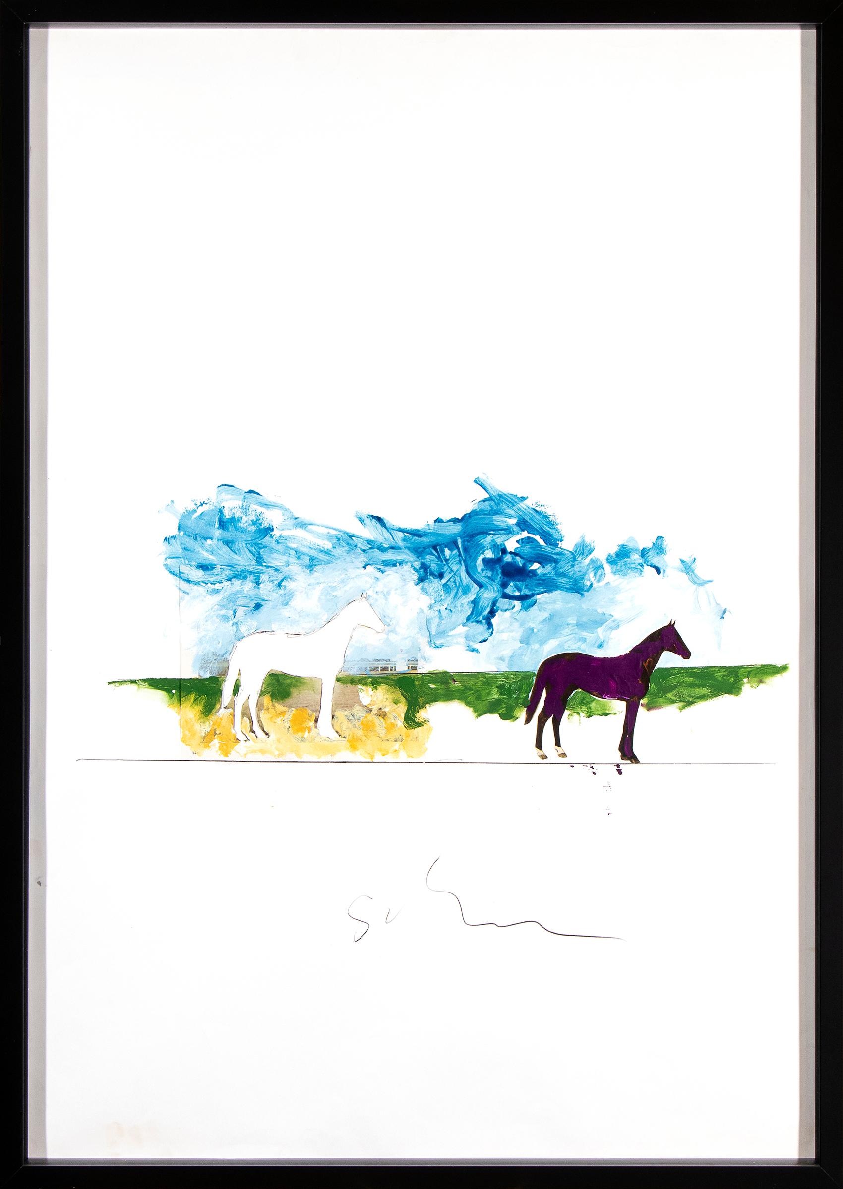 Mario Schifano,
1934 Homs – 1998 Rome
UNTITLED (CAVALLI), 1979–80
Enamel, graphite, and collage on paper.
100 x 70 cm.
Signed below the image.
Framed behind glass.
Enclosed is a copy of a certificate from the Archivio Mario Schifano dated December