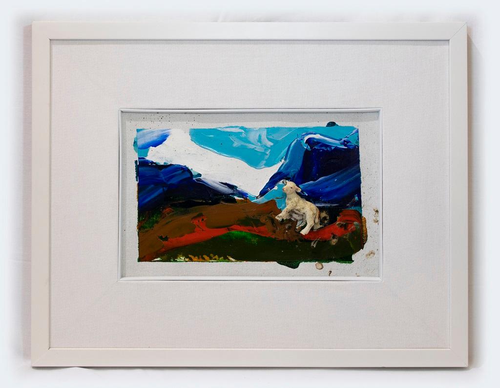 Untitled - Lamb is an artwork realized by the Italian artist Mario Schifano in 1995. 

Original mixed media, acrylic and enamel. Painting on canvas with sculpture relief. 

Hand-signed by the artist on the back of the canvas: Schifano. 

White wood