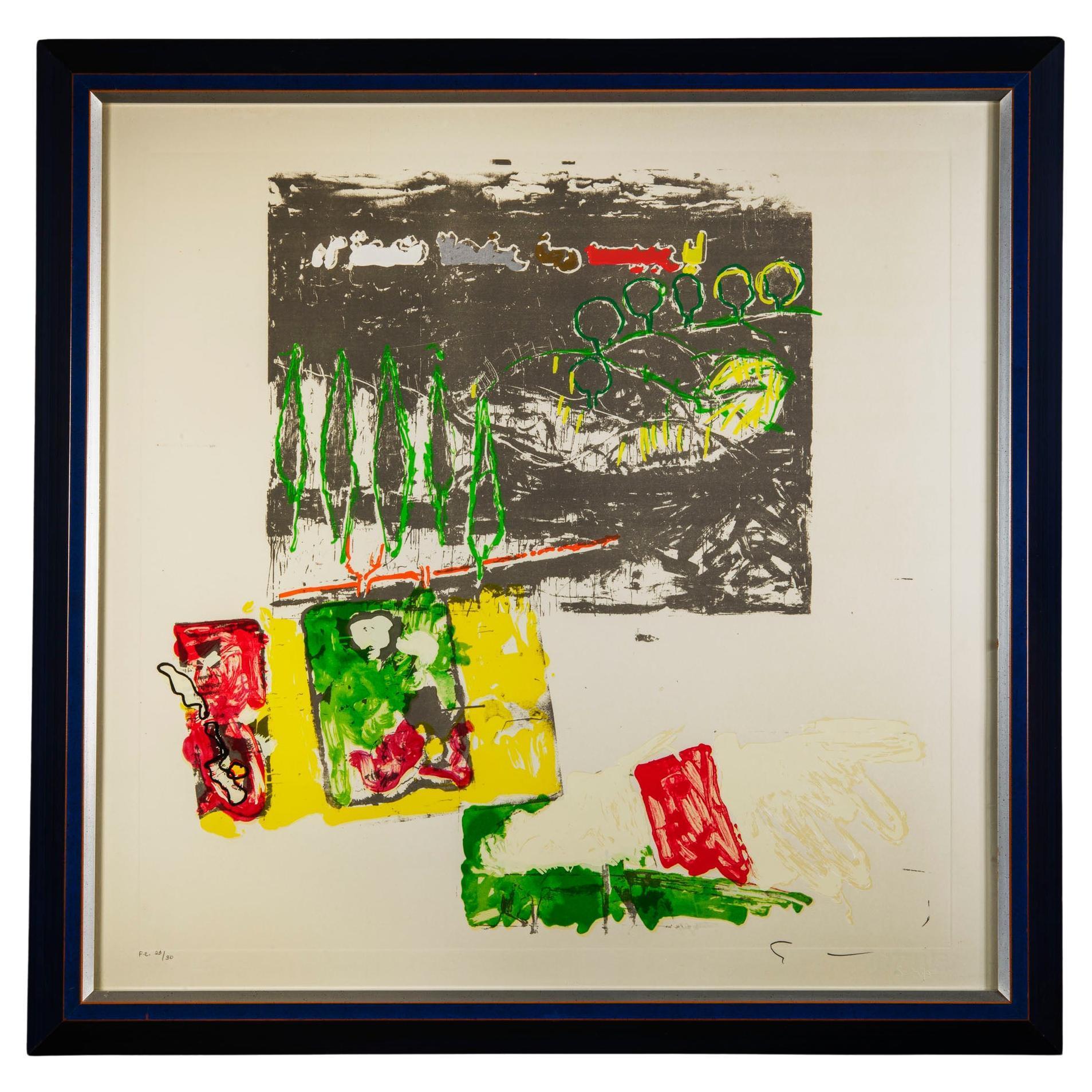 Materic silkscreen print “Ondate di gelo” (Frost Waves) by Mario Schifano. 

Signature and numbering in pencil on front side. 
Dry stamp of the artist on front.
Edition F.C. (Not for sale) 23/30. Framed work.
The artwork for sale is part of the