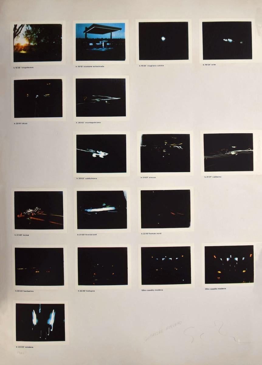 Night Driver est une lithographie originale de Mario Schifano.

signé à la main et numéroté Edition:29/60.

Bonnes conditions.

L'œuvre représente 17 photographies dans différents lieux et à différents moments de la nuit.