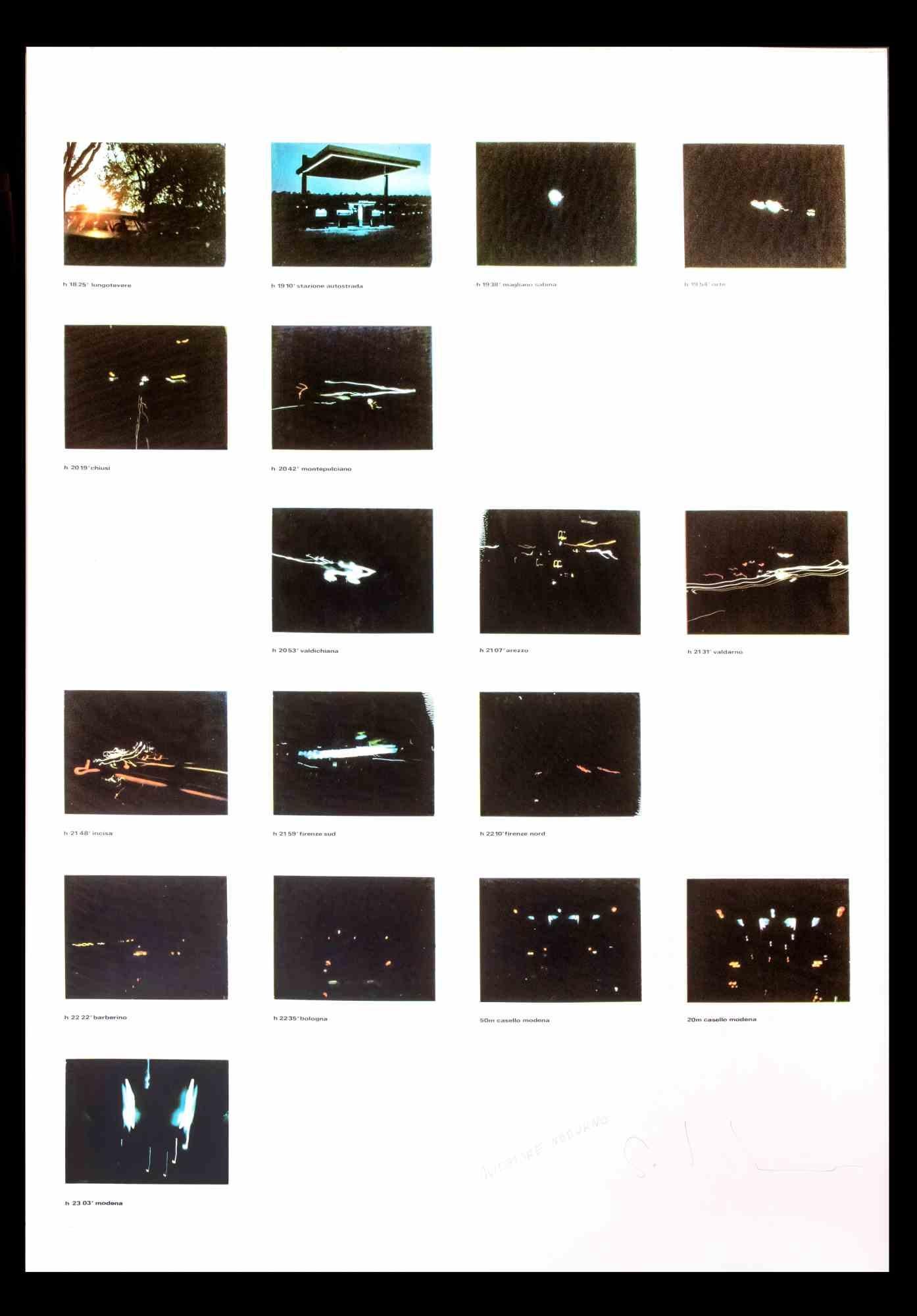 Night Driver is an original contemporary artwork realized by Mario Schifano in the 1970s.

Hand-signed and titled on the lower margin.

Good conditions.

The artwork represents 17 photographs in different places and different times of the night.
