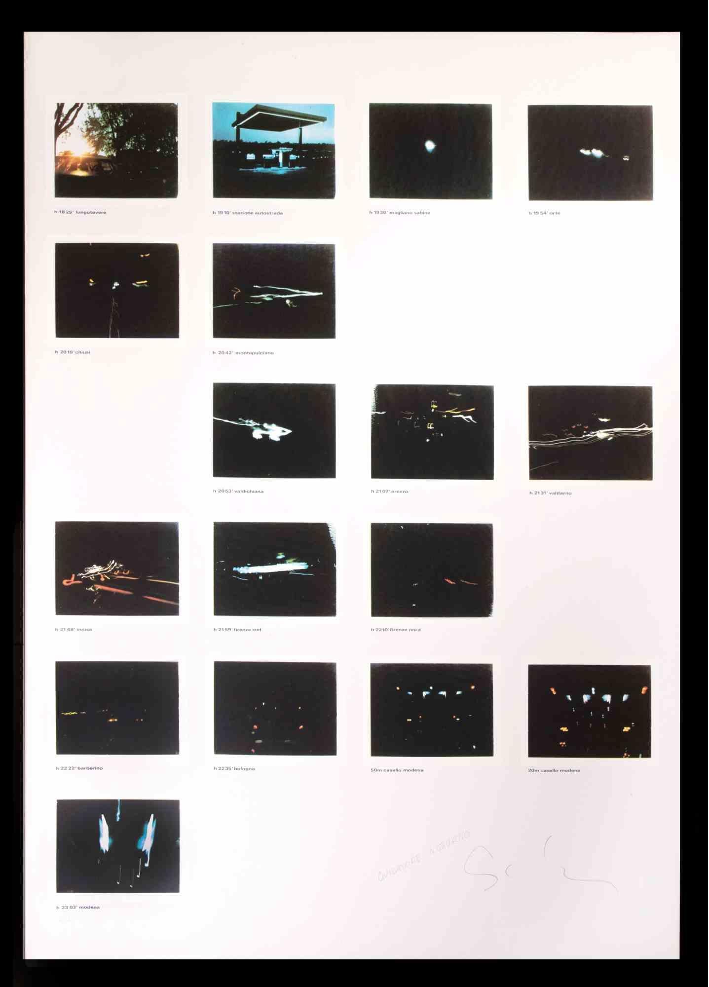 Night Driver is a contemporary artwork realized by Mario Schifano in the 1970s.

Hand-signed and titled on the lower margin.

Numbered on the lower left. Edition 57/60.

Good conditions.

The artwork represents 17 photographs in different places and