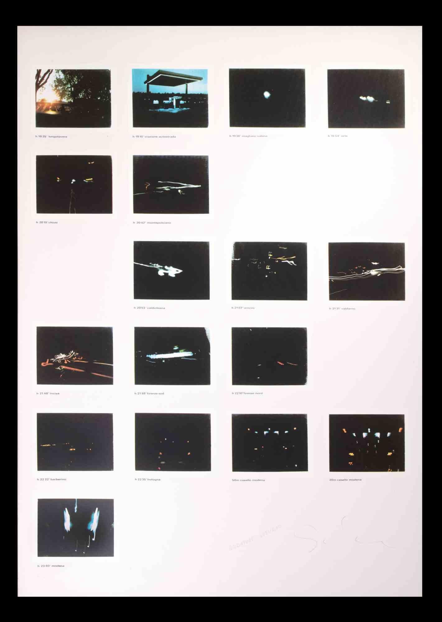 Night Driver is an original contemporary artwork realized by Mario Schifano in the 1970s.

Hand-signed and titled on the lower margin.

Numbered on the lower left margin. 

Edition 51/60. 

Good conditions.

The artwork represents 17 photographs in