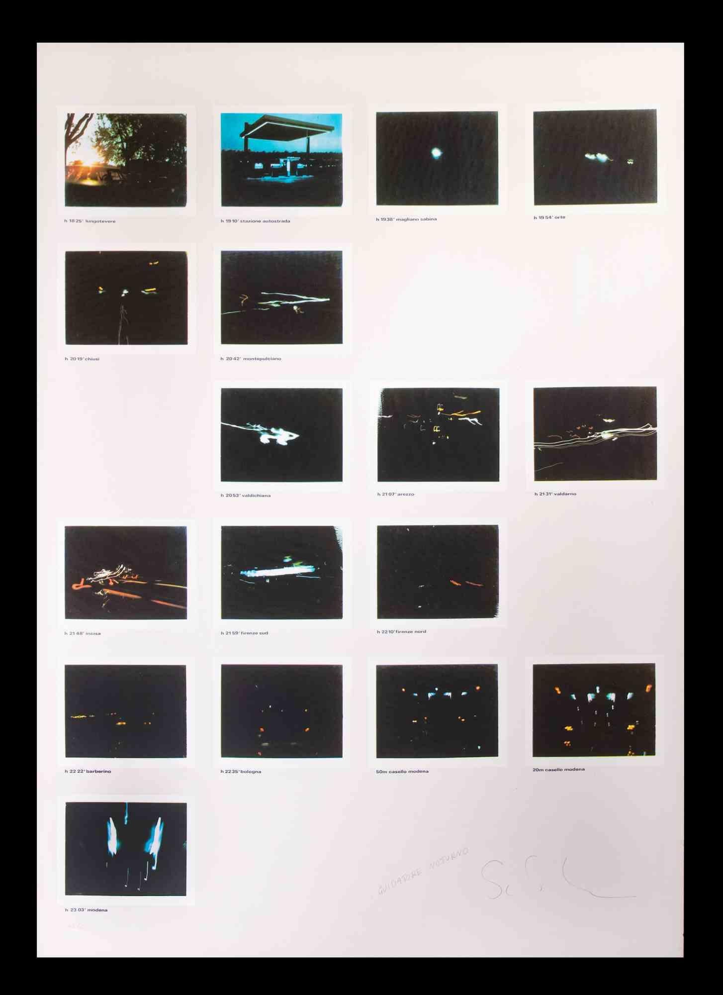 Night Driver ist ein zeitgenössisches Kunstwerk von Mario Schifano aus den 1970er Jahren.

Am unteren Rand handsigniert und betitelt.

Gute Bedingungen.

Am unteren Rand nummeriert. Ausgabe 43/60

Das Kunstwerk zeigt 17 Fotografien an verschiedenen