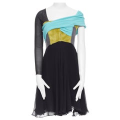 MARIO SCHWAB teal green fluffy draped bust off shoulder flared dress S