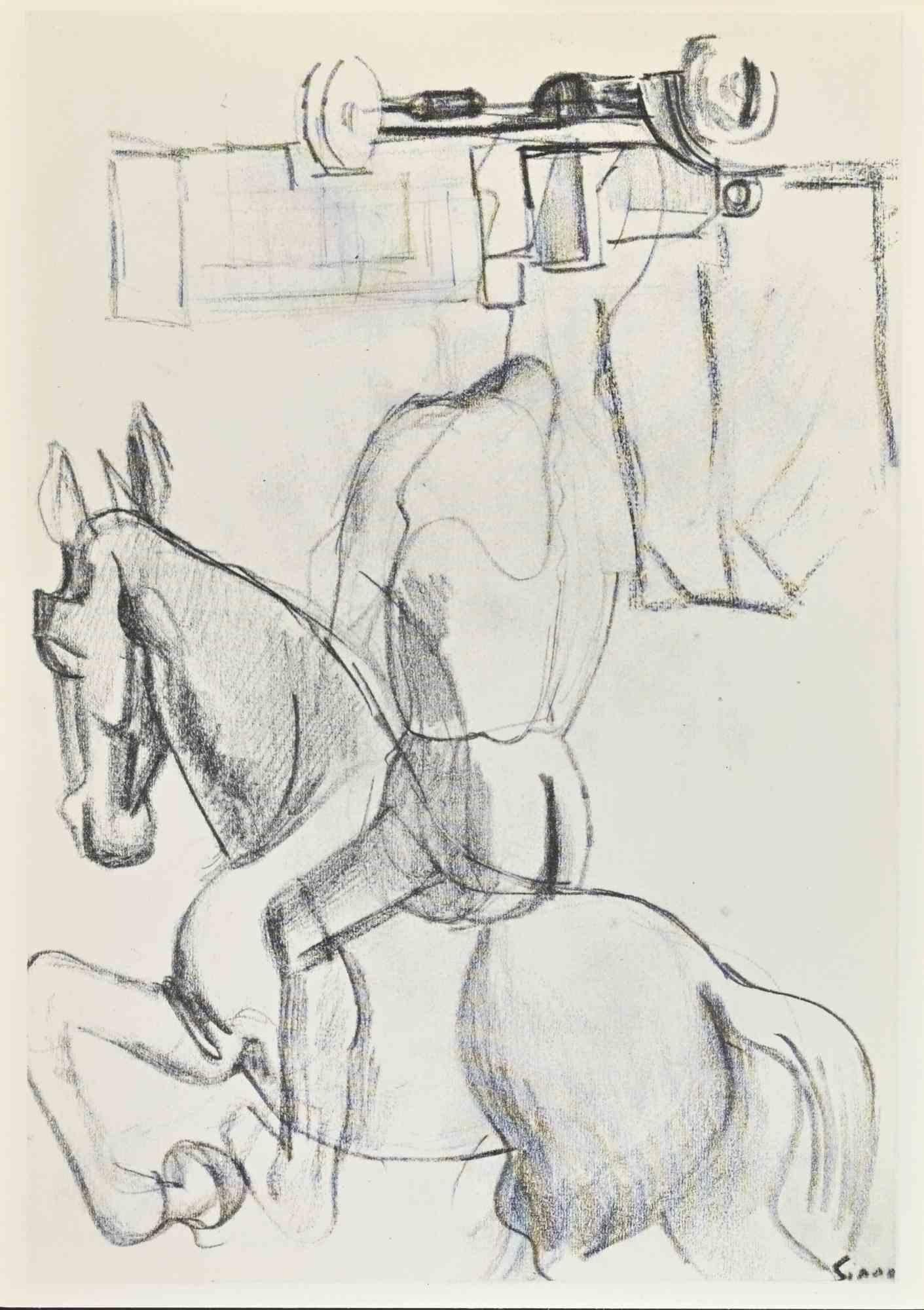 Hombre a caballo es una obra de arte sobre cartón blanco realizada por el artista italiano Mario Sironi (1885-1961) en 1918.

Impresión fotográfica.

Firmado en la esquina inferior.

Buenas condiciones. 

Impreso en el reverso "8. Uomo a cavallo -