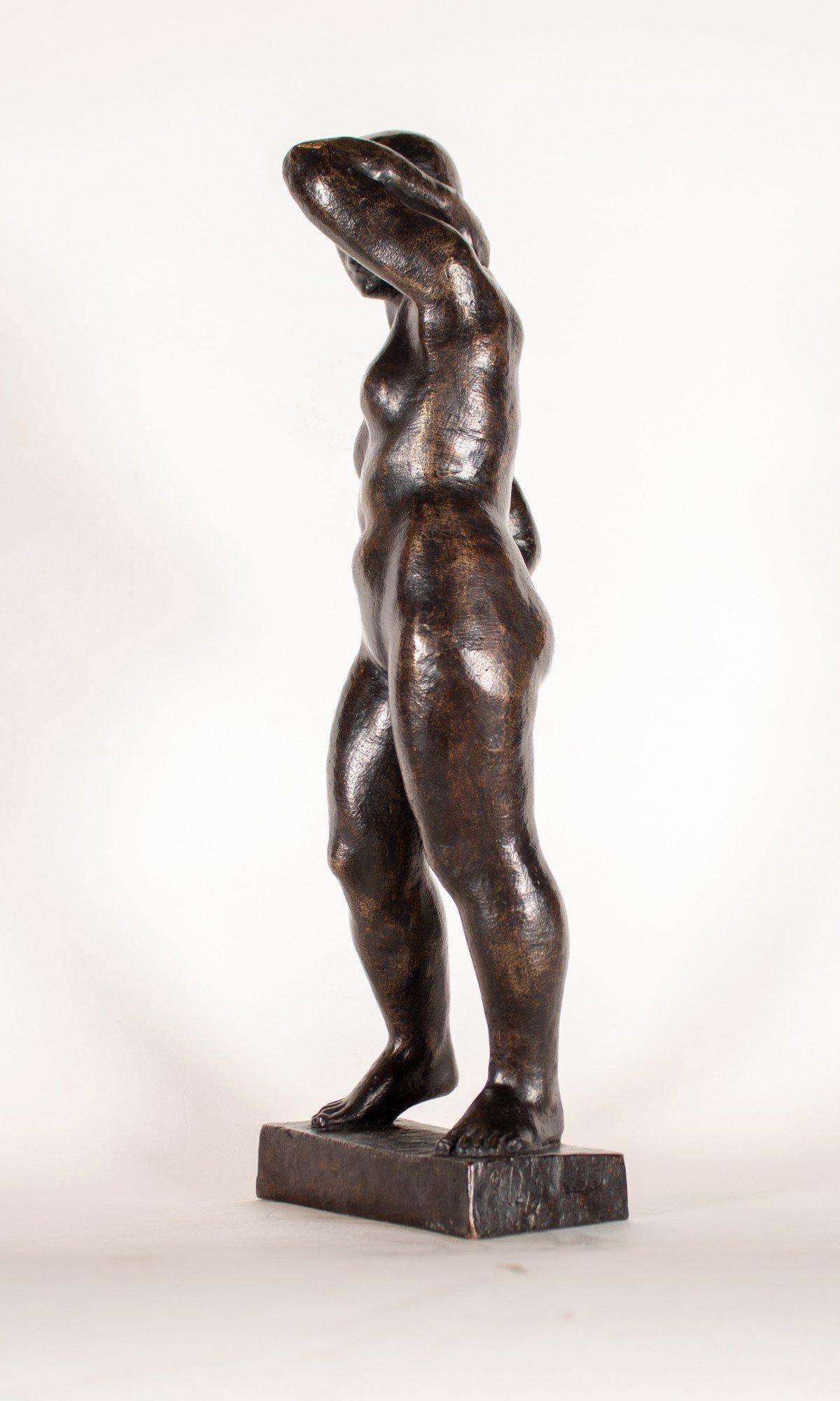 Mario Spampinato (Italian 1912–2000)
Nude
Bronze
Signed on base
17.5 in. h. x 5.75 in. w. x 6 in. d.

The artist was born, raised and trained in Italy. During one of his exhibits (at San Marcos in Rome) the Director of a New York Gallery asked him
