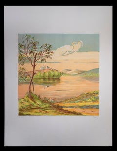 House on the Lake - Original Lithograph by Mario Sportelli - 1970s