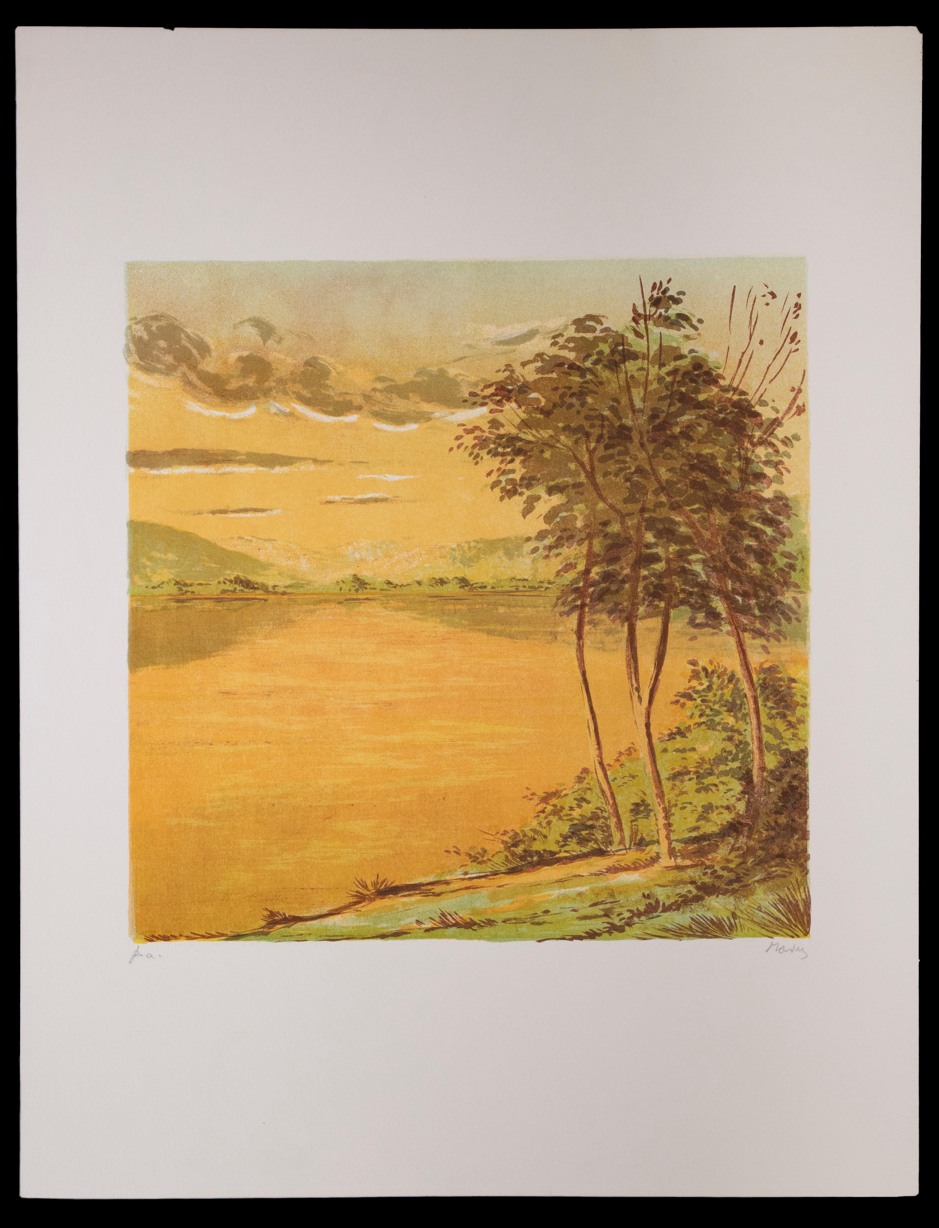 This naturalistic lithograph in warm earthly colors Lake was made by Mario Sportelli in 1970.

It is a hand-signed artist's proof.

Excellent état.