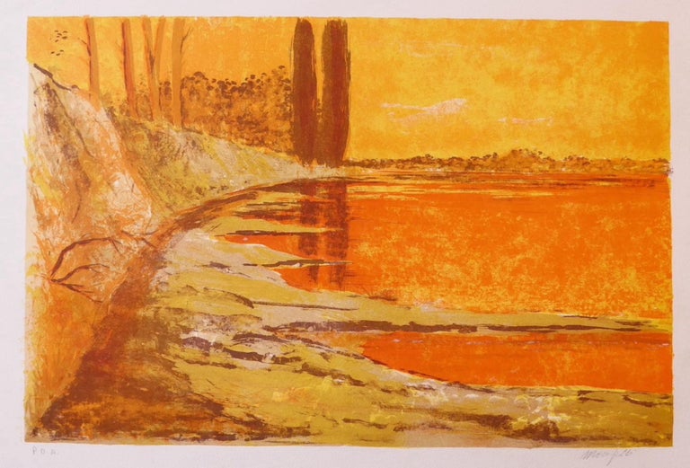 Landscape is an original lithograph on cardboard, realized by  Mario Sportelli.
The state of preservation is very good.

Hand-signed on the lower right

Artist's proof.

Sheet dimension: 49.5 x 65 cm.  Image Dimensions: 31 x 46.5 cm.

The artwork