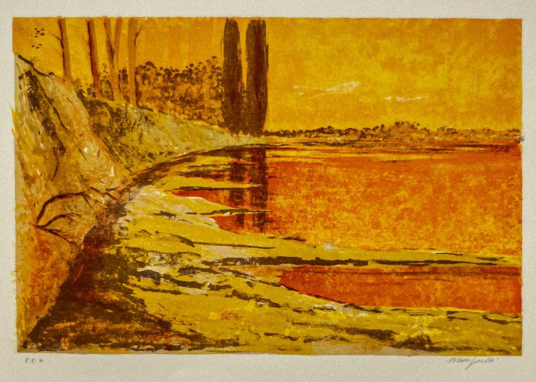 Landscape is an original lithograph on cardboard, realized by  Mario Sportelli .
The state of preservation is very good.
Hand-signed on the lower right
Artist's proof.
Sheet dimension: 49.5 x 65 cm.
The artwork represents a beautiful landscape with