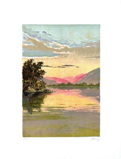 Lever de soleil sur le lac - Lithographie de Mario Sportelli - années 1970