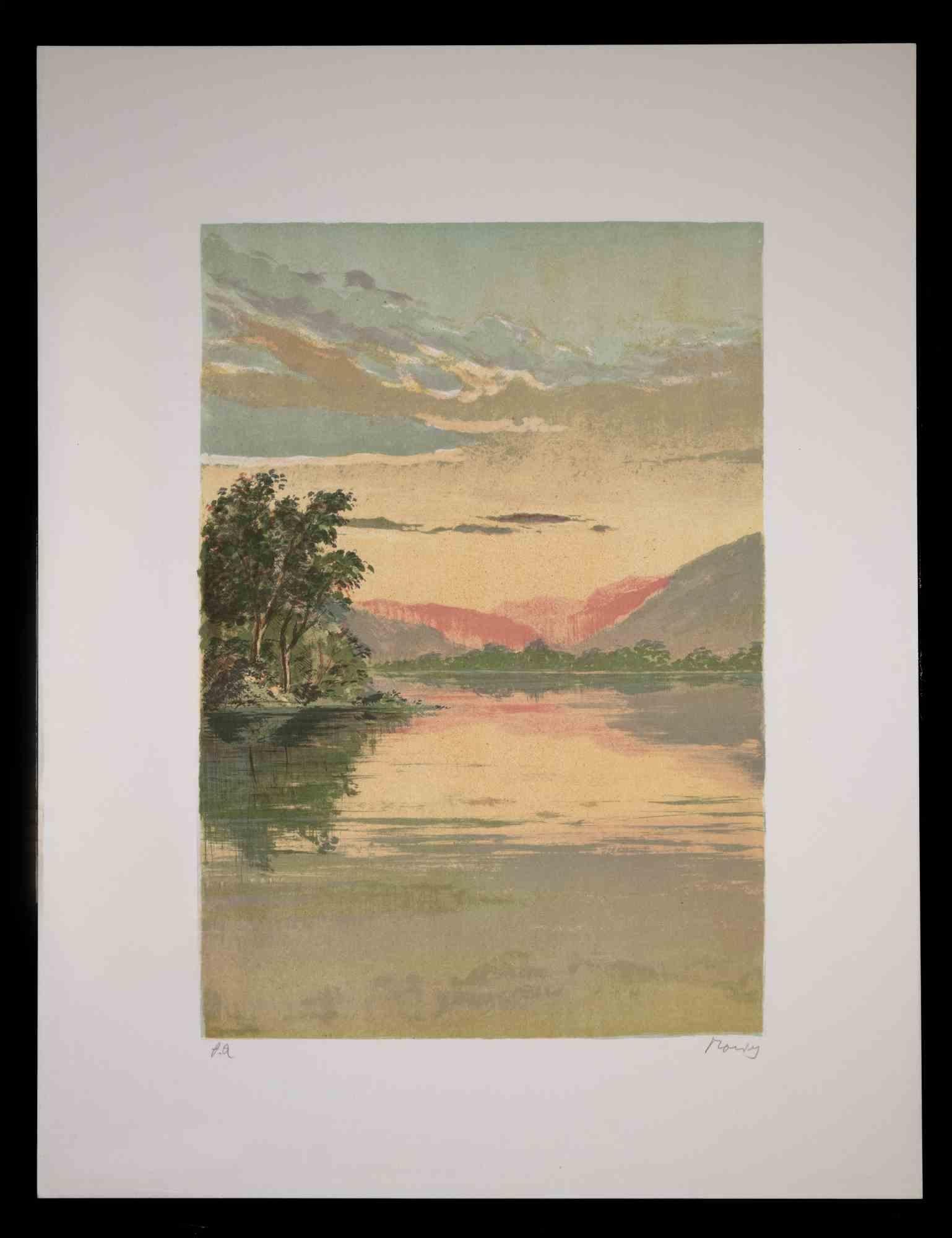 Sunrise on the Lake - Original Lithograph by Mario Sportelli - 1970s