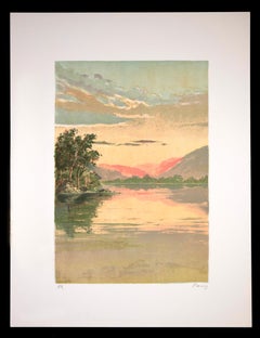 Vintage Sunrise on the Lake - Original Lithograph by Mario Sportelli - 1970s