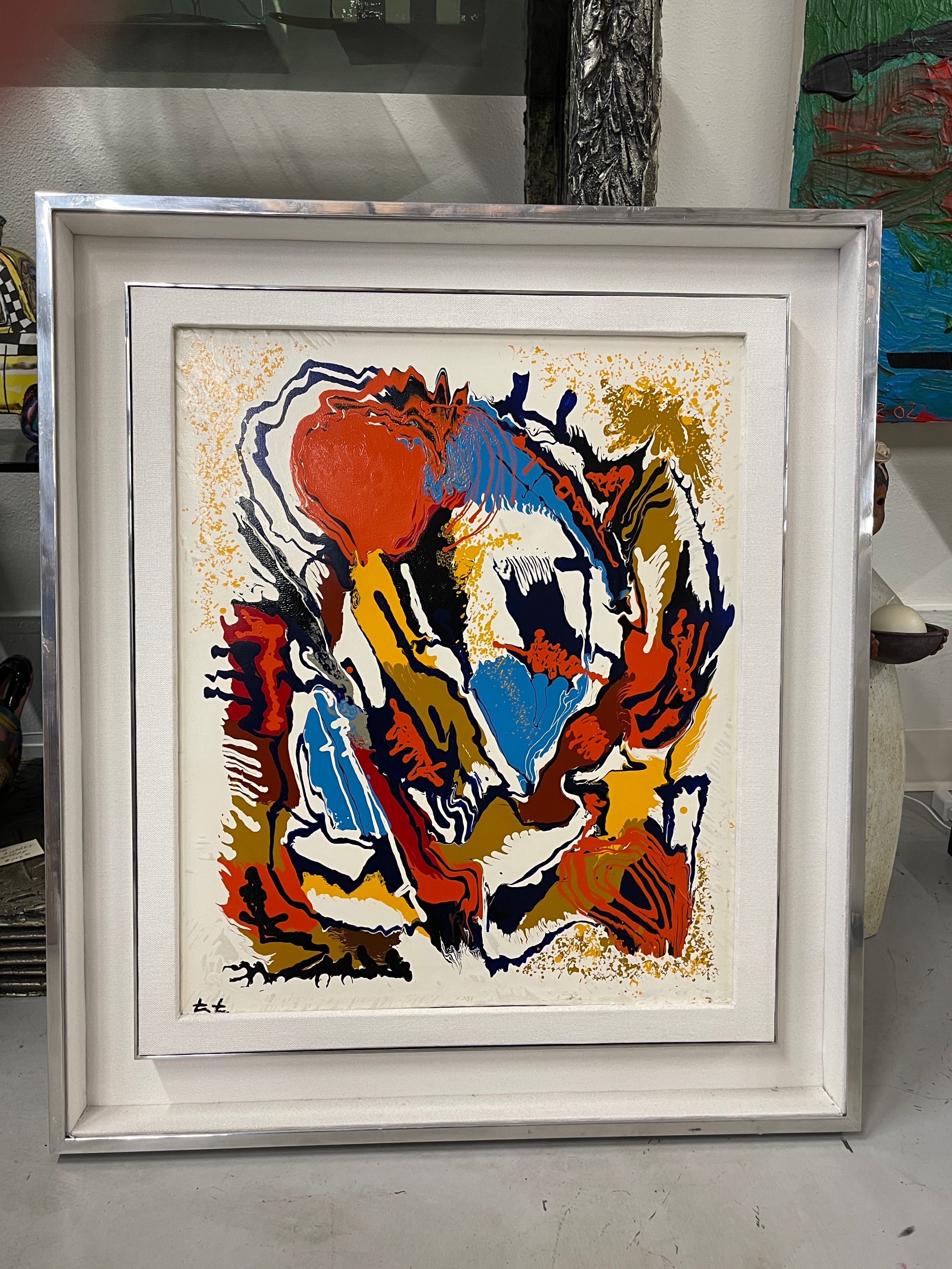 Abstract painting by the noted Italian artist Mario Titi. From a prominent Palm Springs estate. We have an associated smaller painting that is signed on the verso in script, with the artist’s full name. This painting is signed Titi on front. It is