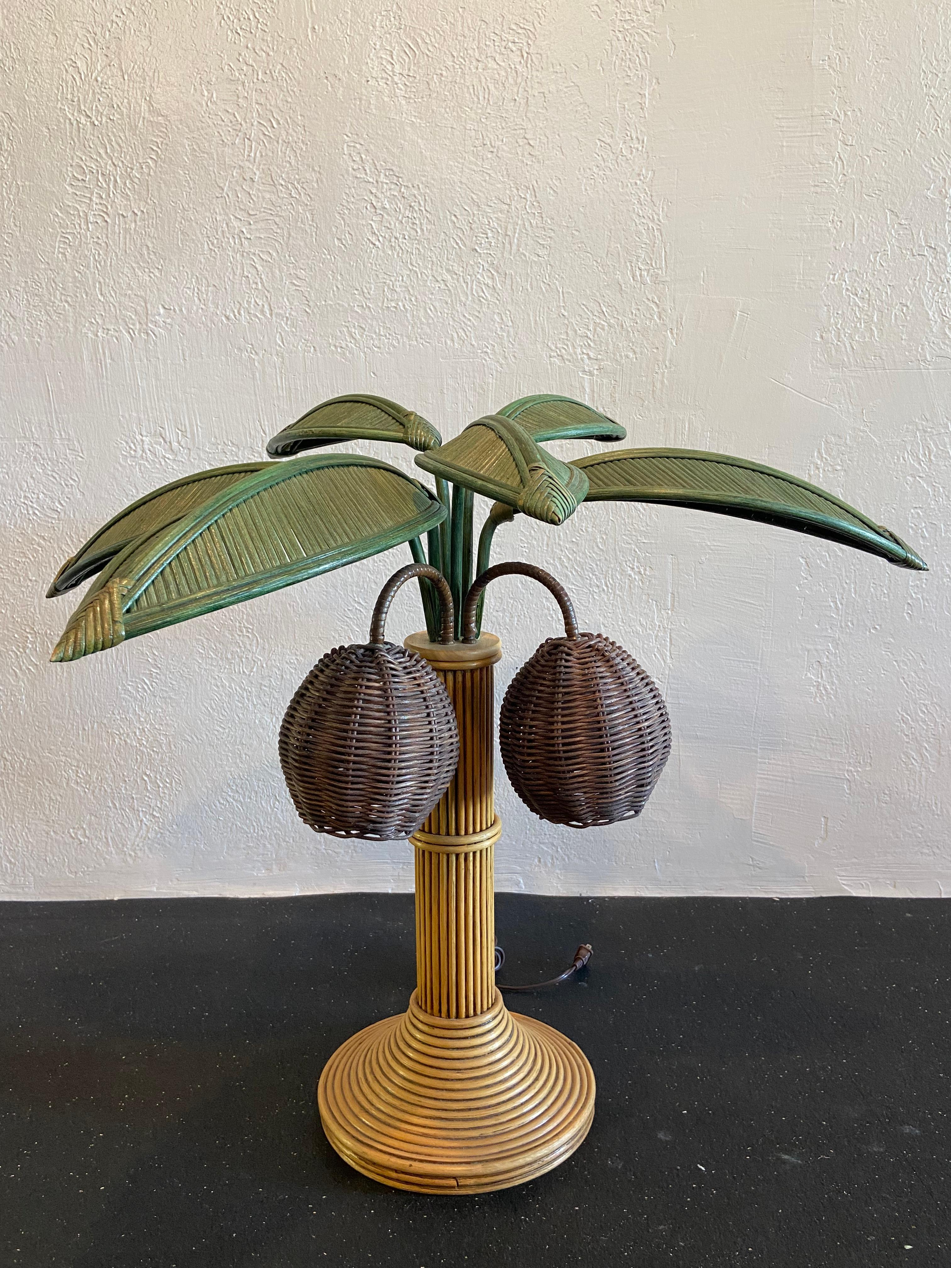Pair of Mario Torres Lopez attributed pencil reed palm tree table lamps. Removable/adjustable leaves allow for multiple arrangements. 

Would work well in a variety of interiors such as modern, mid century modern, Hollywood regency, etc. Piece