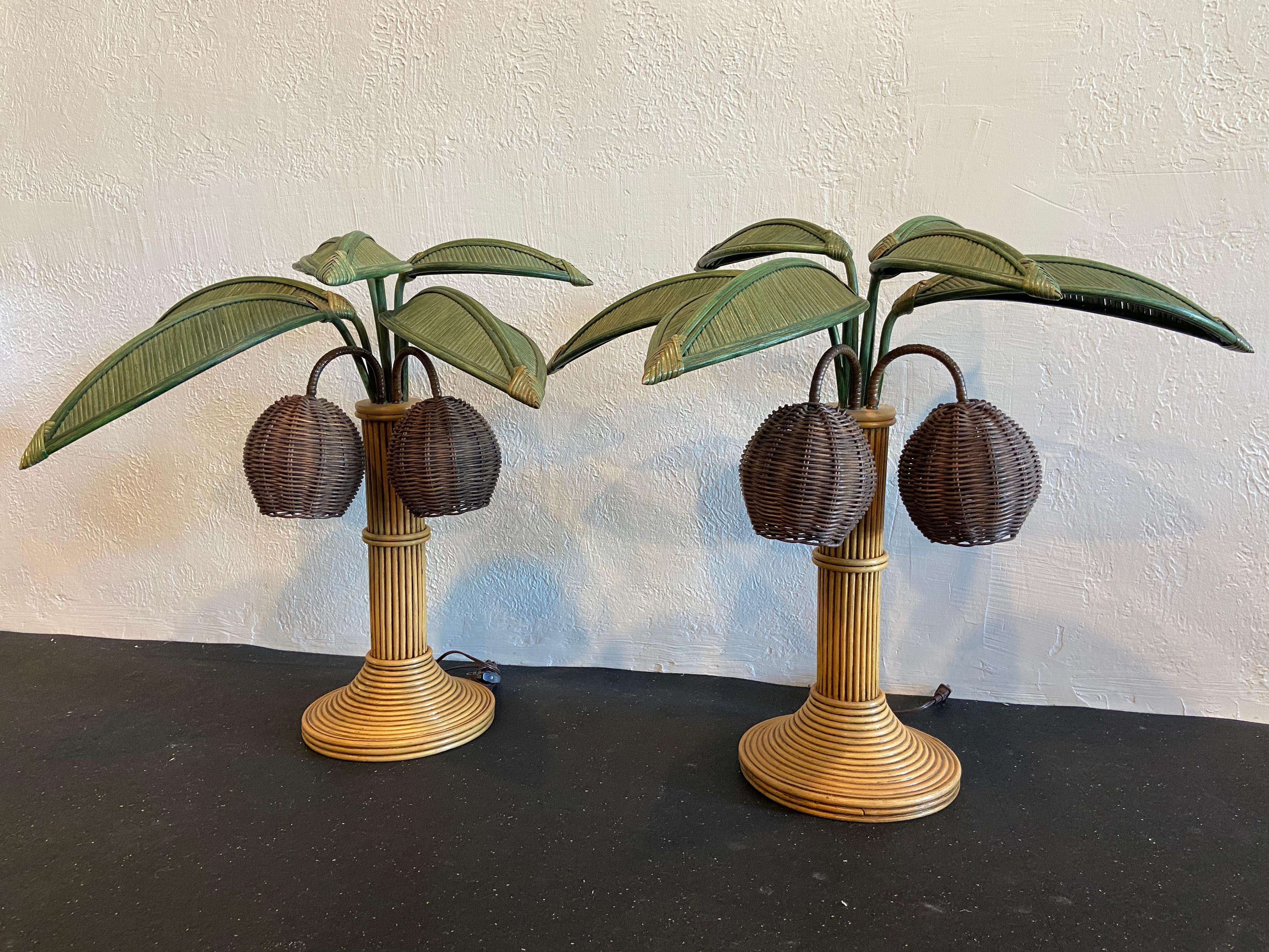 Unknown Mario Torres Lopez Attributed Pencil Reed Palm Tree Table Lamps, a Pair  For Sale