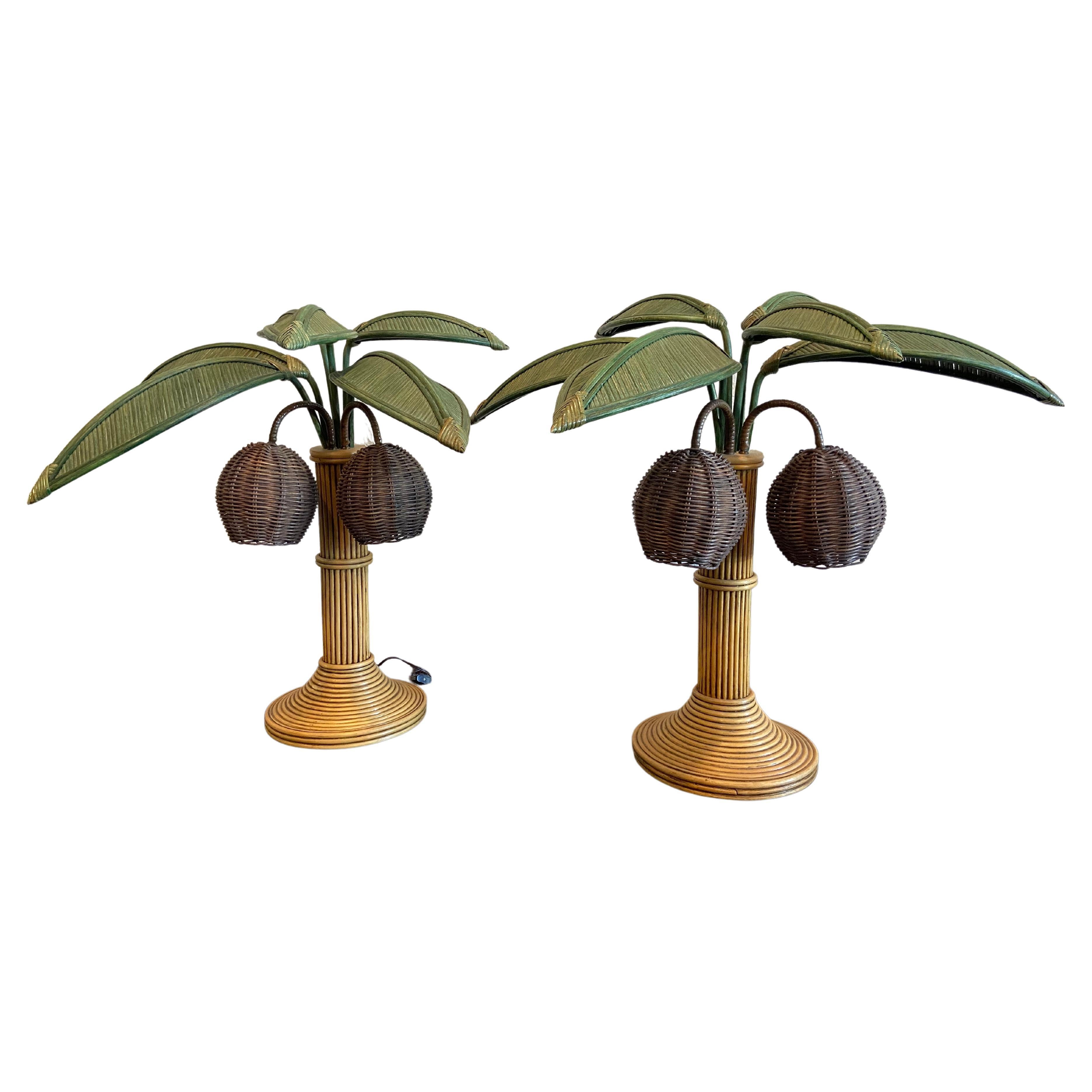 Mario Torres Lopez Attributed Pencil Reed Palm Tree Table Lamps, a Pair  For Sale