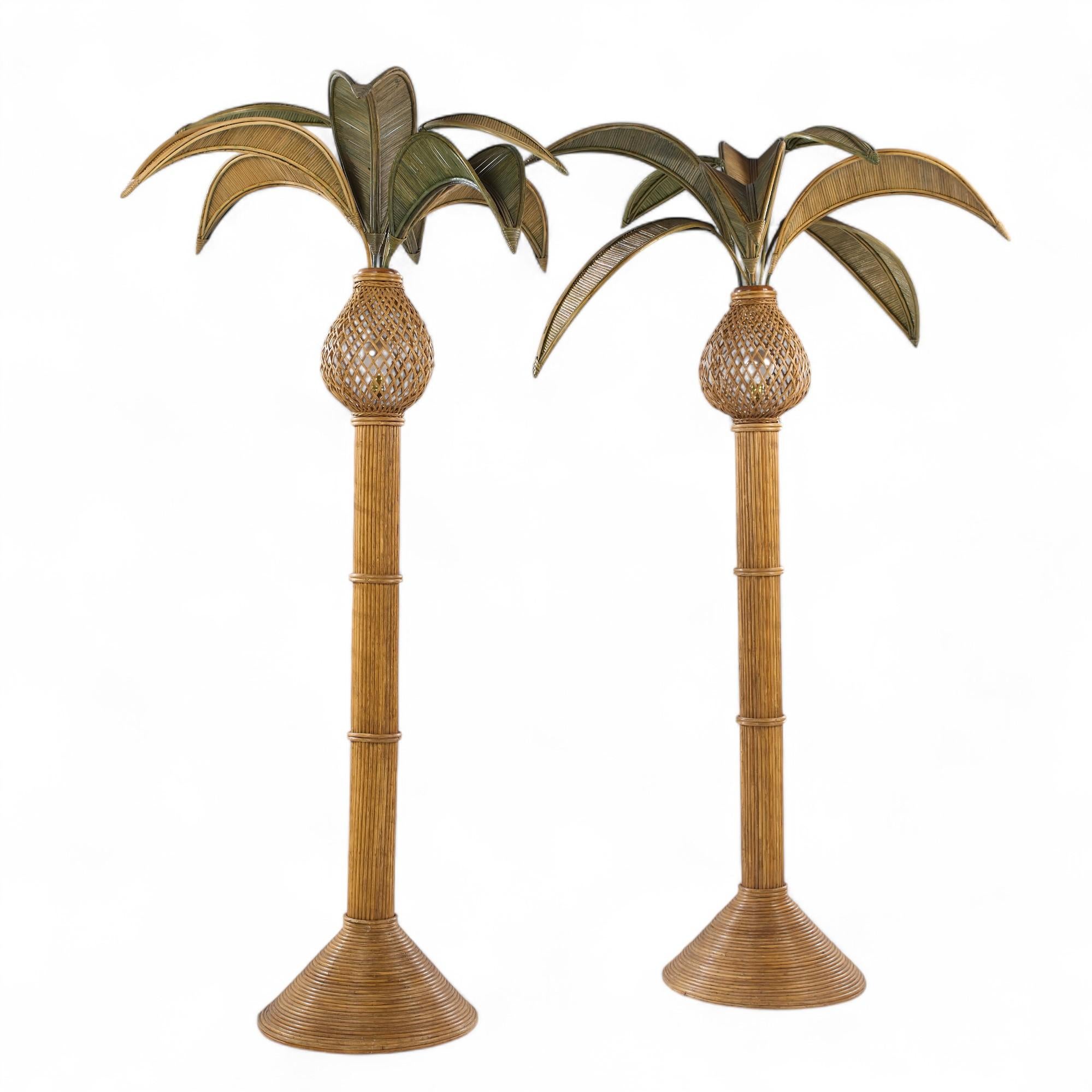 Mario Torres Lopez Style Mid Century Sculptural Rattan Palm Tree Lamps - Pair

Each lamp measures: 45 wide x 45 deep x 85 inches high

We take our photos in a controlled lighting studio to show as much detail as possible. We do NOT Photoshop out