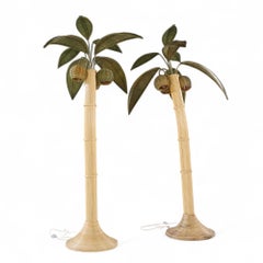 Mario Torres Lopez Style Mid Century Sculptural Rattan Palm Tree Lamps - Pair