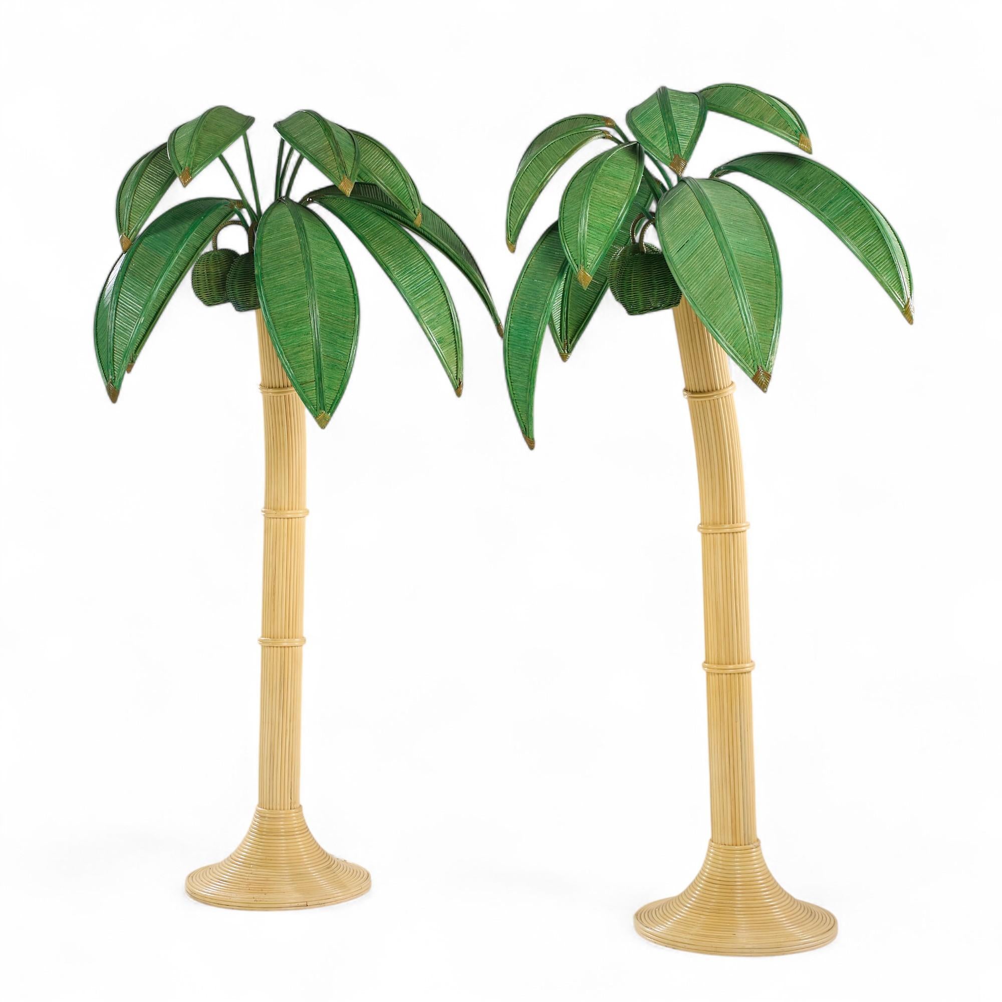 Mid-Century Modern Mario Torres Lopez Style Mid Century Sculptural Rattan Palm Tree Lamps - Pair For Sale