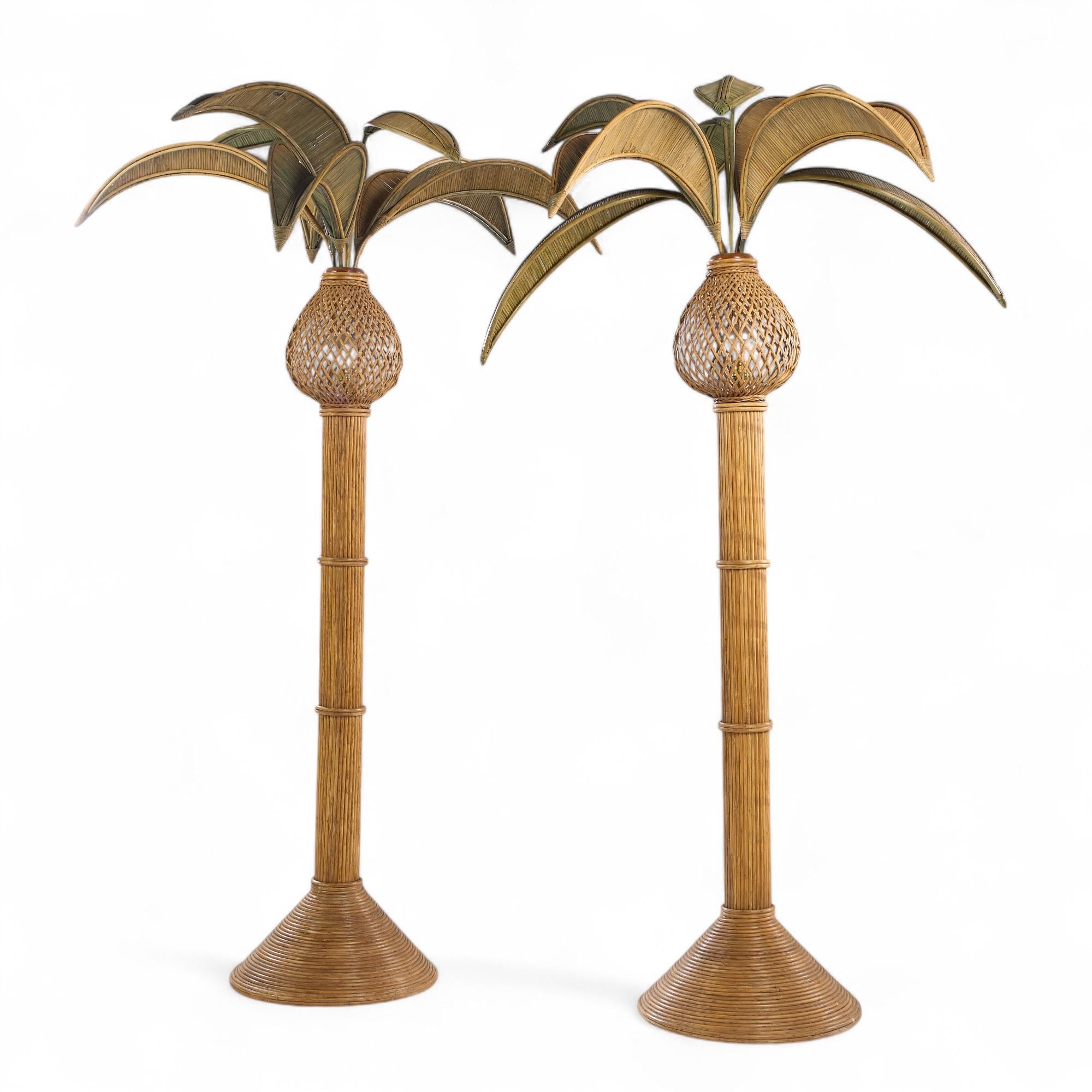 Mid-Century Modern Mario Torres Lopez Style Mid Century Sculptural Rattan Palm Tree Lamps - Pair For Sale