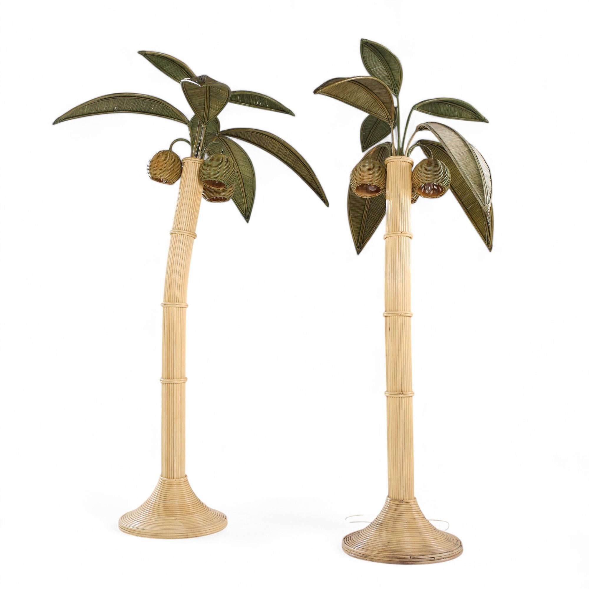 Mid-Century Modern Mario Torres Lopez Style Mid Century Sculptural Rattan Palm Tree Lamps - Pair For Sale