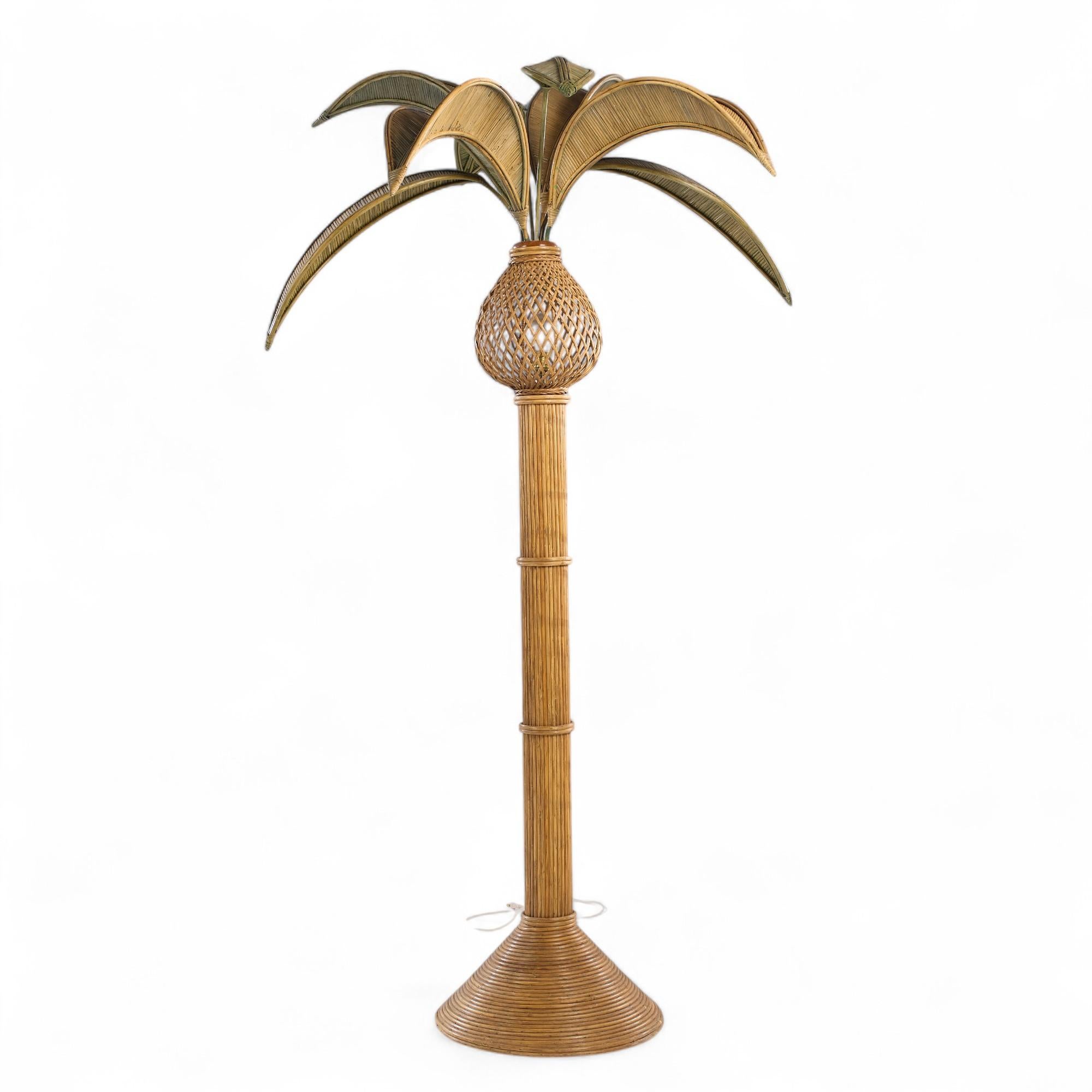 Mario Torres Lopez Style Mid Century Sculptural Rattan Palm Tree Lamps - Pair In Good Condition For Sale In Franklin Park, IL