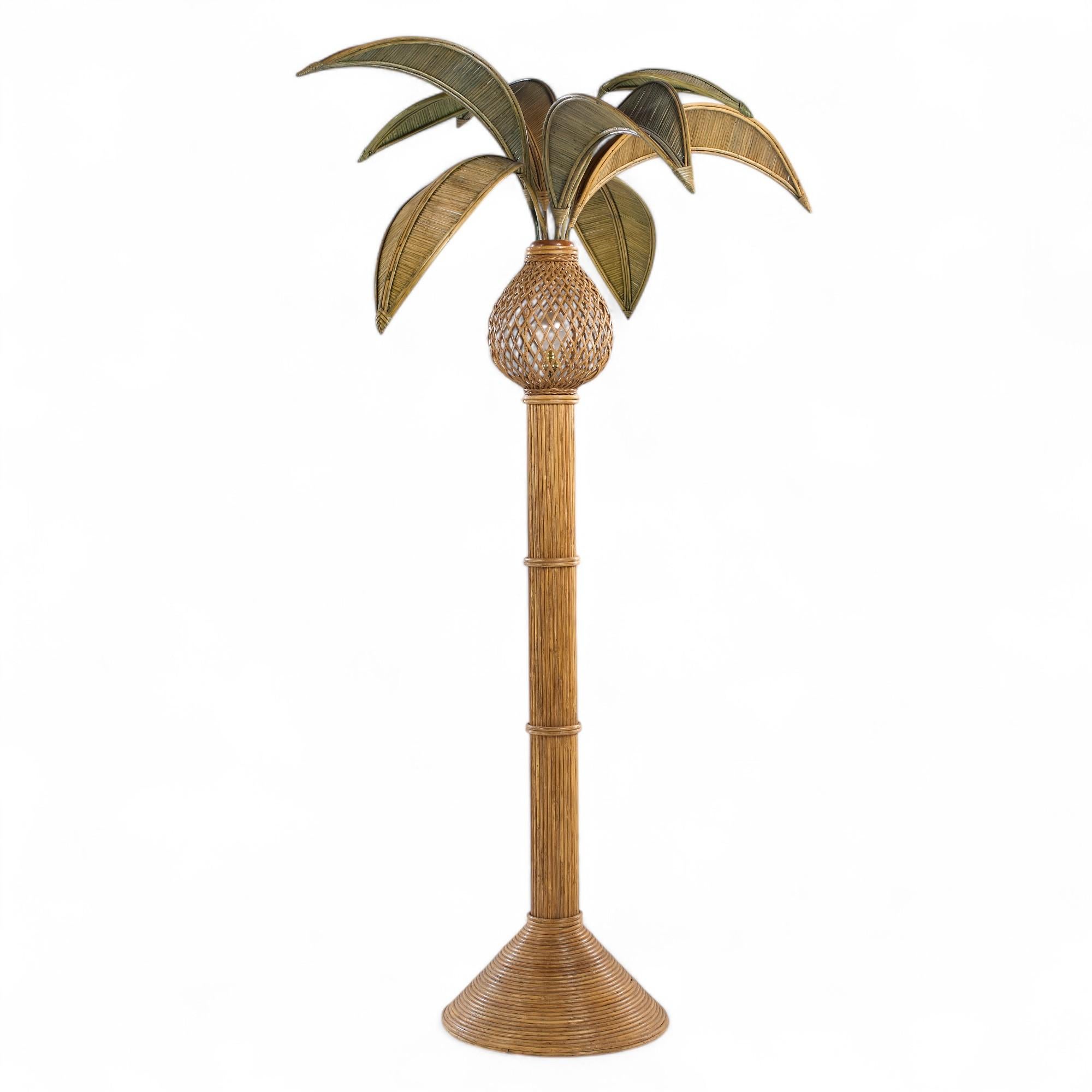 20th Century Mario Torres Lopez Style Mid Century Sculptural Rattan Palm Tree Lamps - Pair For Sale