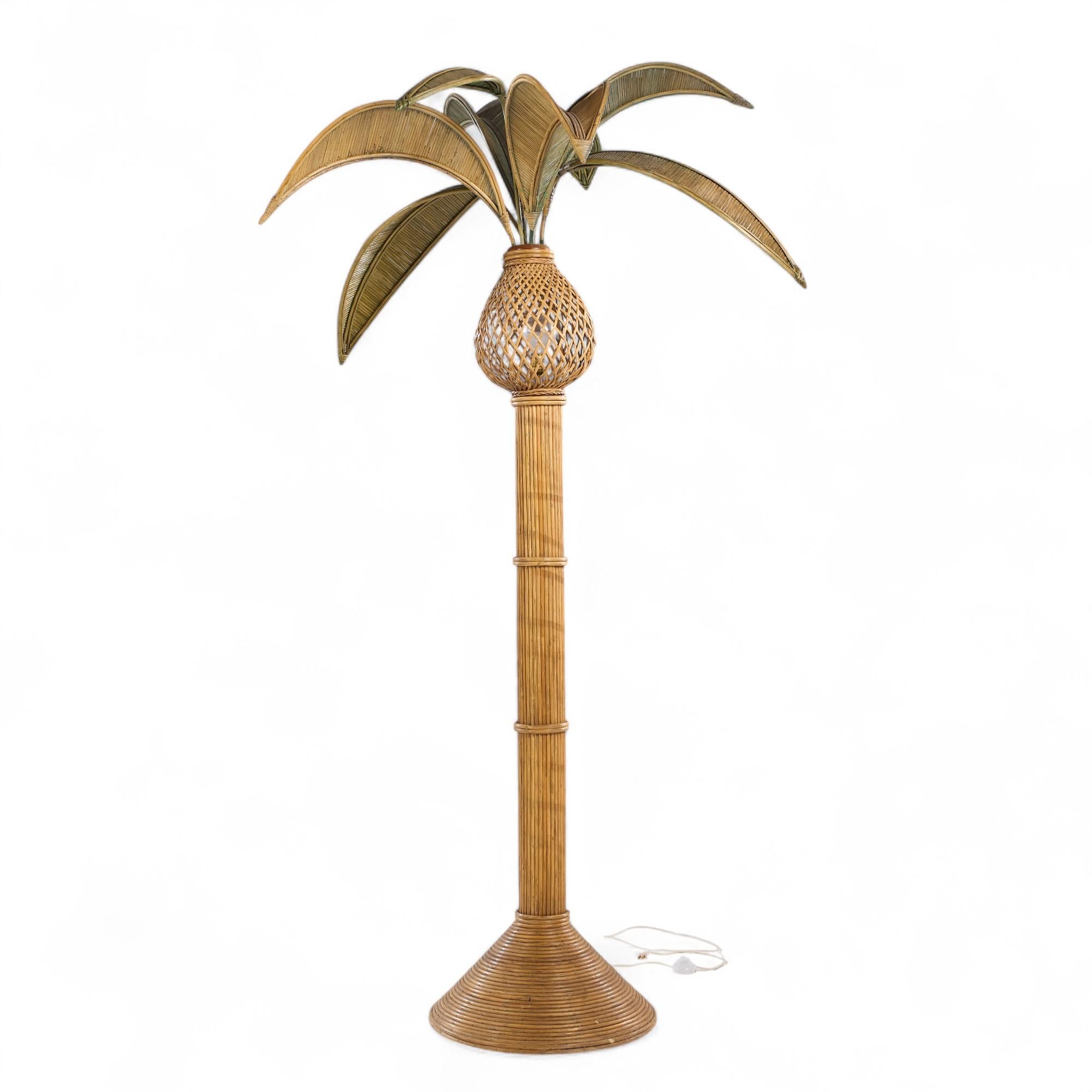 Mario Torres Lopez Style Mid Century Sculptural Rattan Palm Tree Lamps - Pair For Sale 1