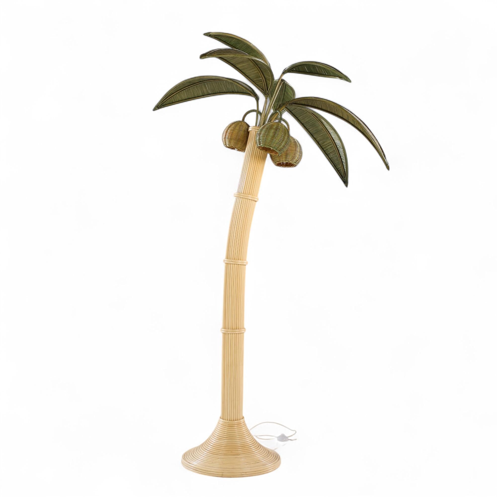 Mario Torres Lopez Style Mid Century Sculptural Rattan Palm Tree Lamps - Pair For Sale 1