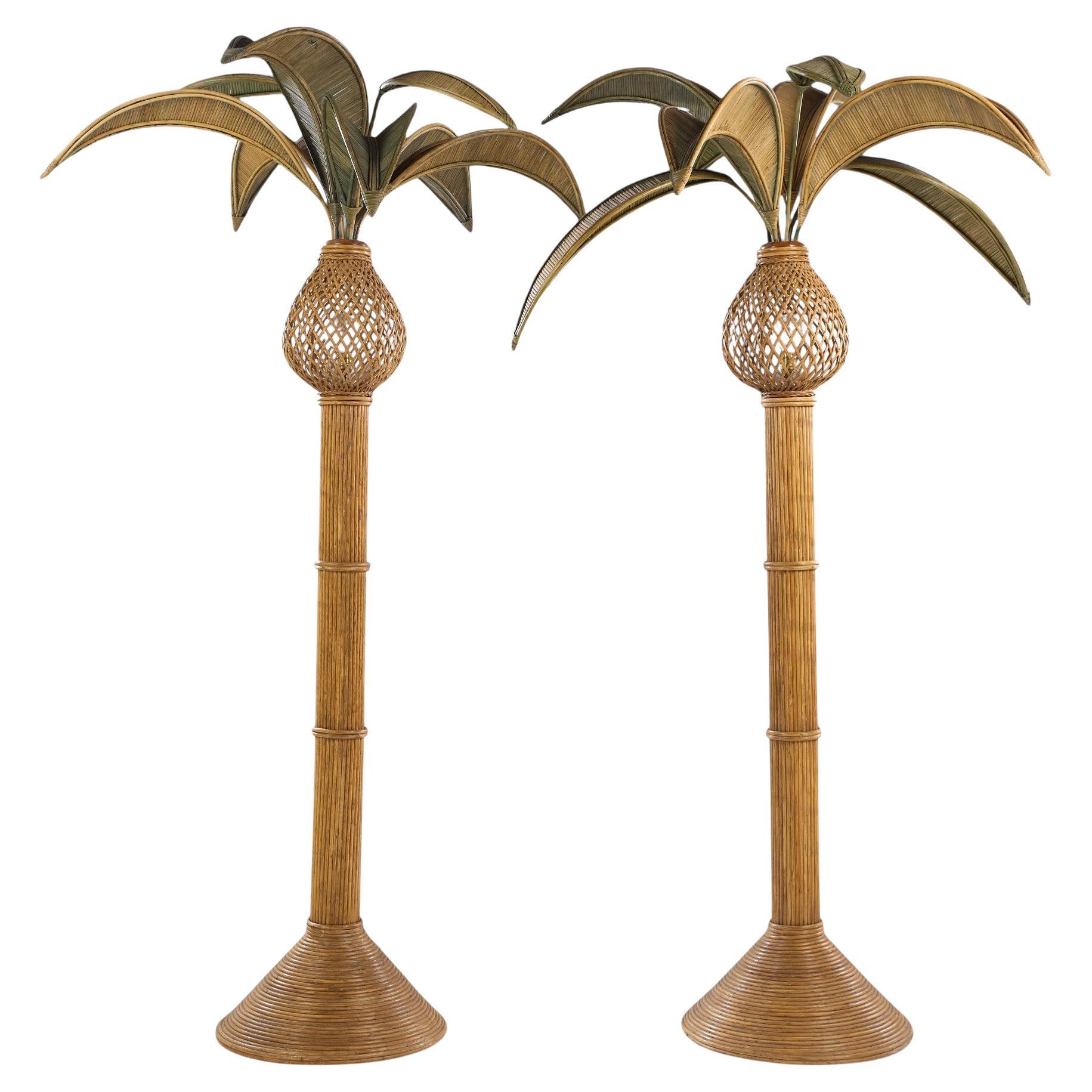 Mario Torres Lopez Style Mid Century Sculptural Rattan Palm Tree Lamps - Pair For Sale