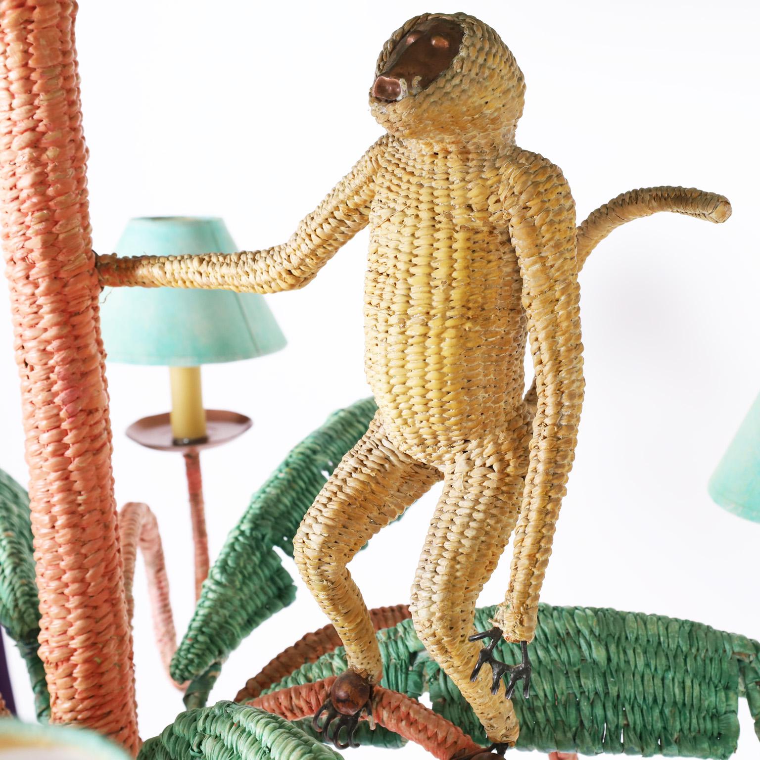 Mid-Century Modern Mario Torres Midcentury Wicker Palm Leaf Chandelier with Monkey