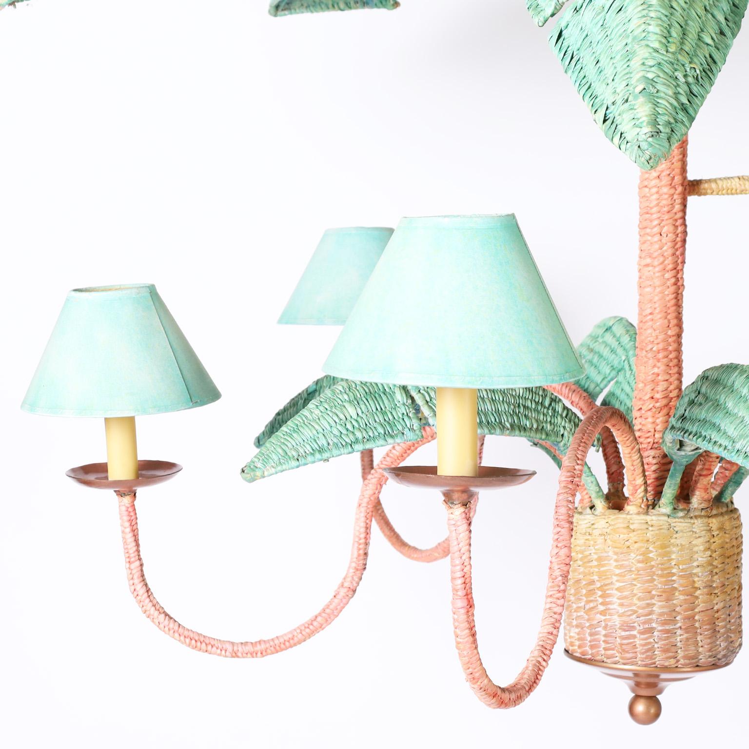 Hand-Woven Mario Torres Midcentury Wicker Palm Leaf Chandelier with Monkey