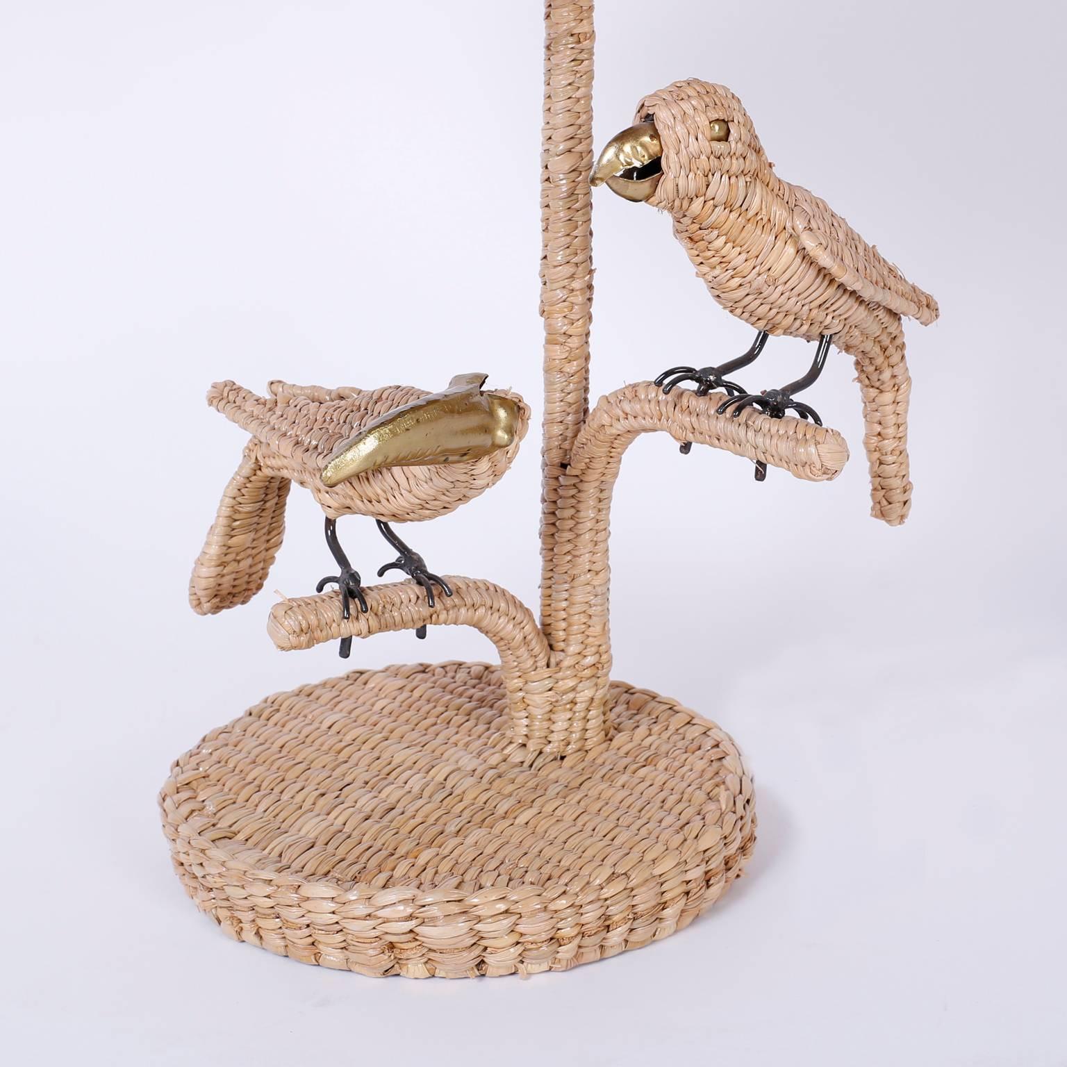 Mid-Century Modern Mario Torres Wicker Parrot and Toucan Bird Table Lamp