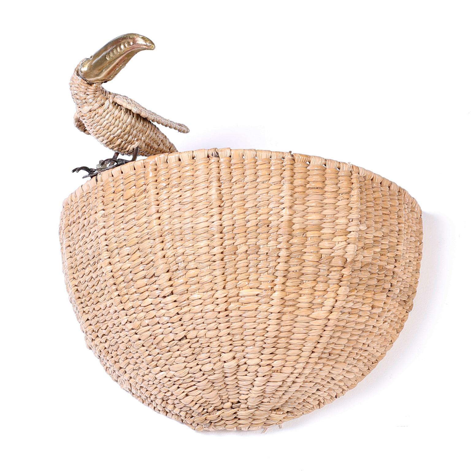 Contemporary Mario Torres Wicker Sconces with Toucans