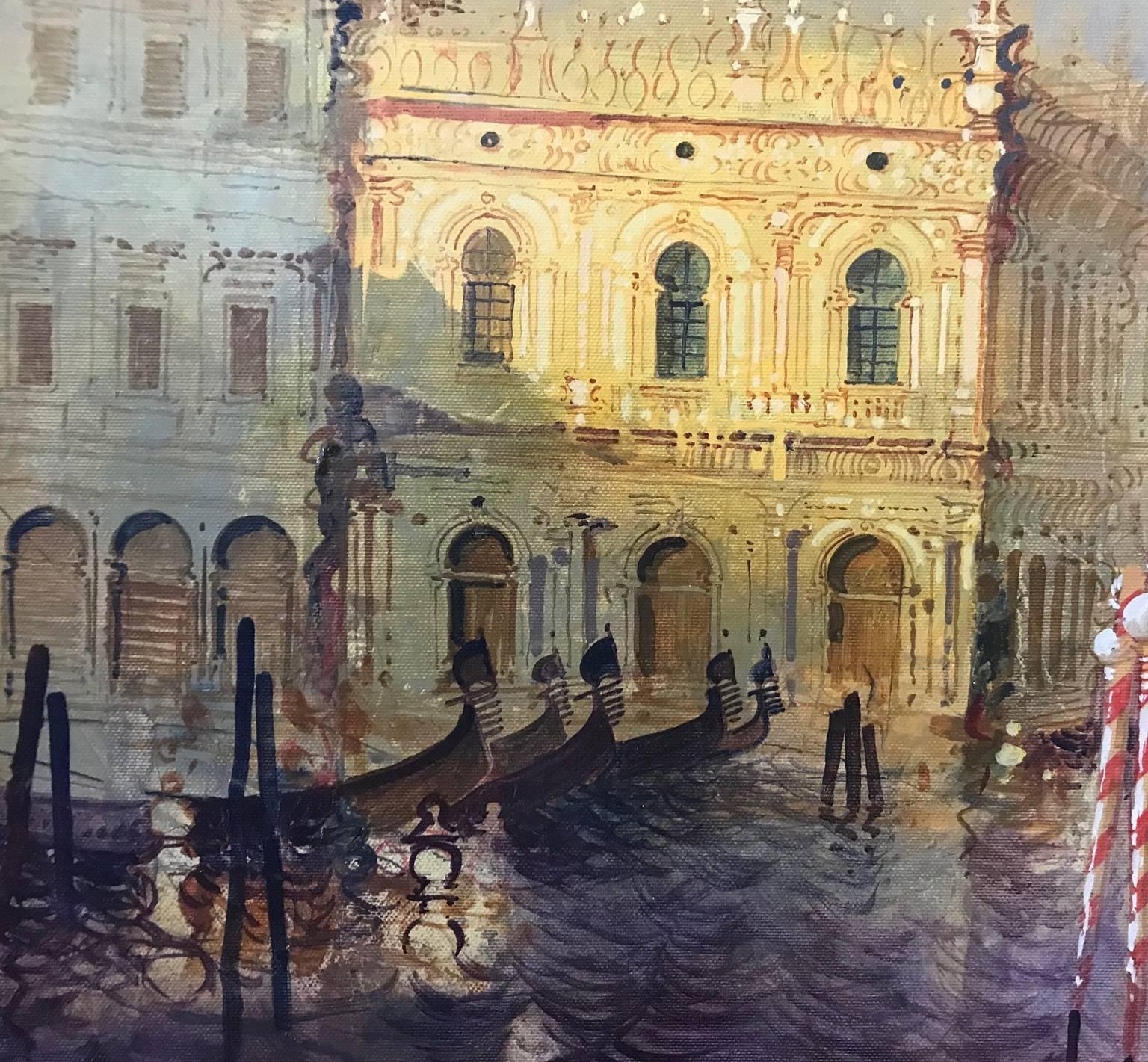Venetian view, Gondola,  - Realist Painting by Mario Tosi