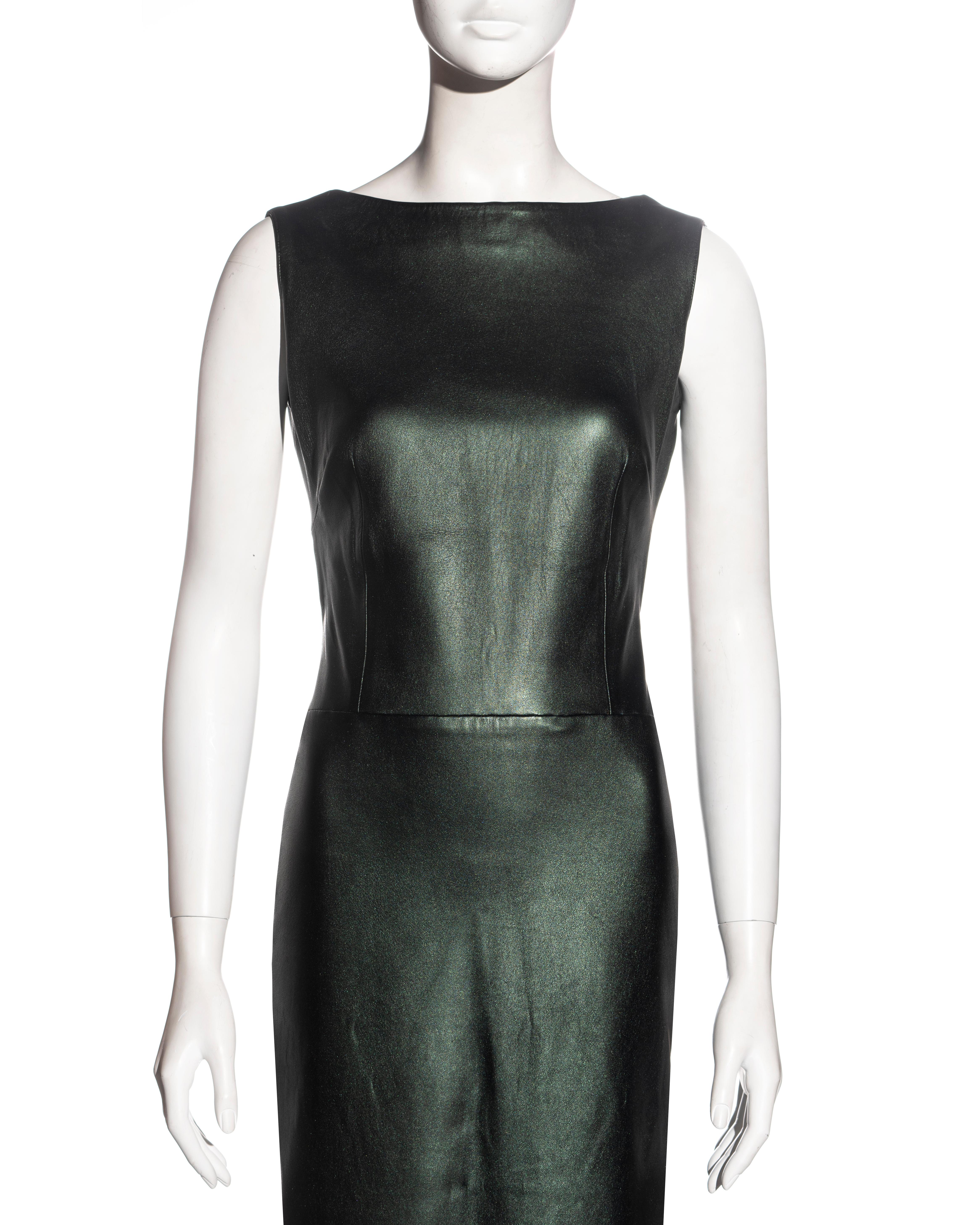 Black Mario Valentino green leather open back full-length dress, fw 1999 For Sale