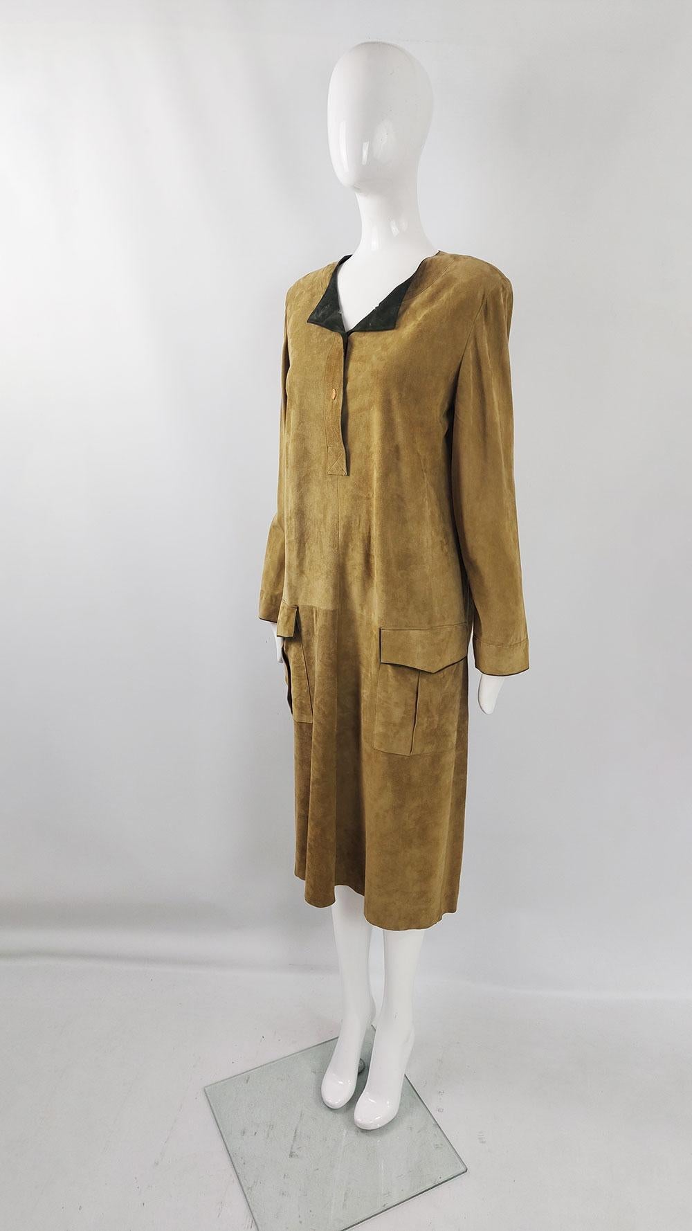 Mario Valentino Vintage Tan & Green Suede Long Sleeve Shift Dress In Good Condition For Sale In Doncaster, South Yorkshire