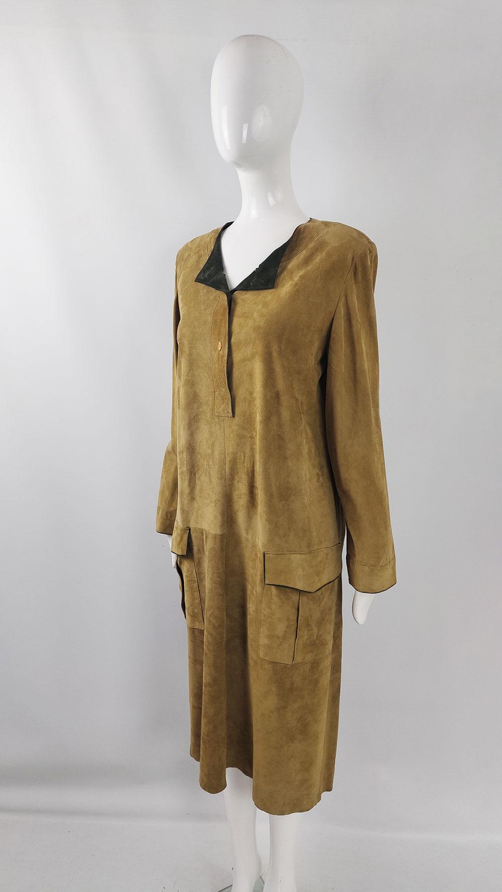 Mario Valentino Vintage Tan & Green Suede Long Sleeve Shift Dress For Sale 2