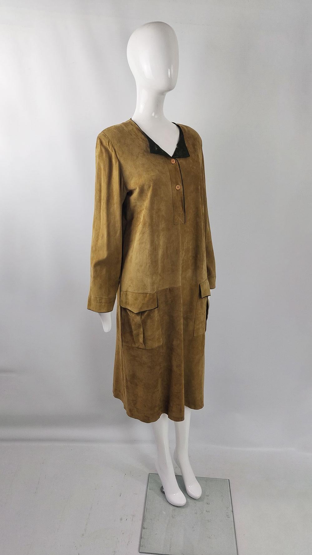 Mario Valentino Vintage Tan & Green Suede Long Sleeve Shift Dress For Sale 3