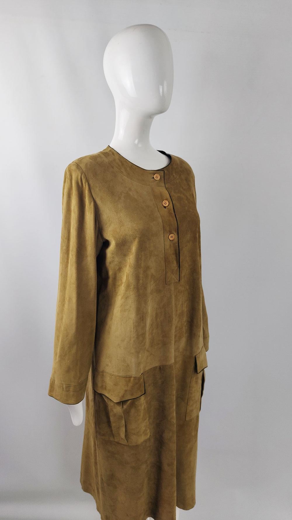 Mario Valentino Vintage Tan & Green Suede Long Sleeve Shift Dress For Sale 4