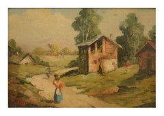 Country Scene, Italian Oil on Board Painting, Framed, 2006, 10x15 cm