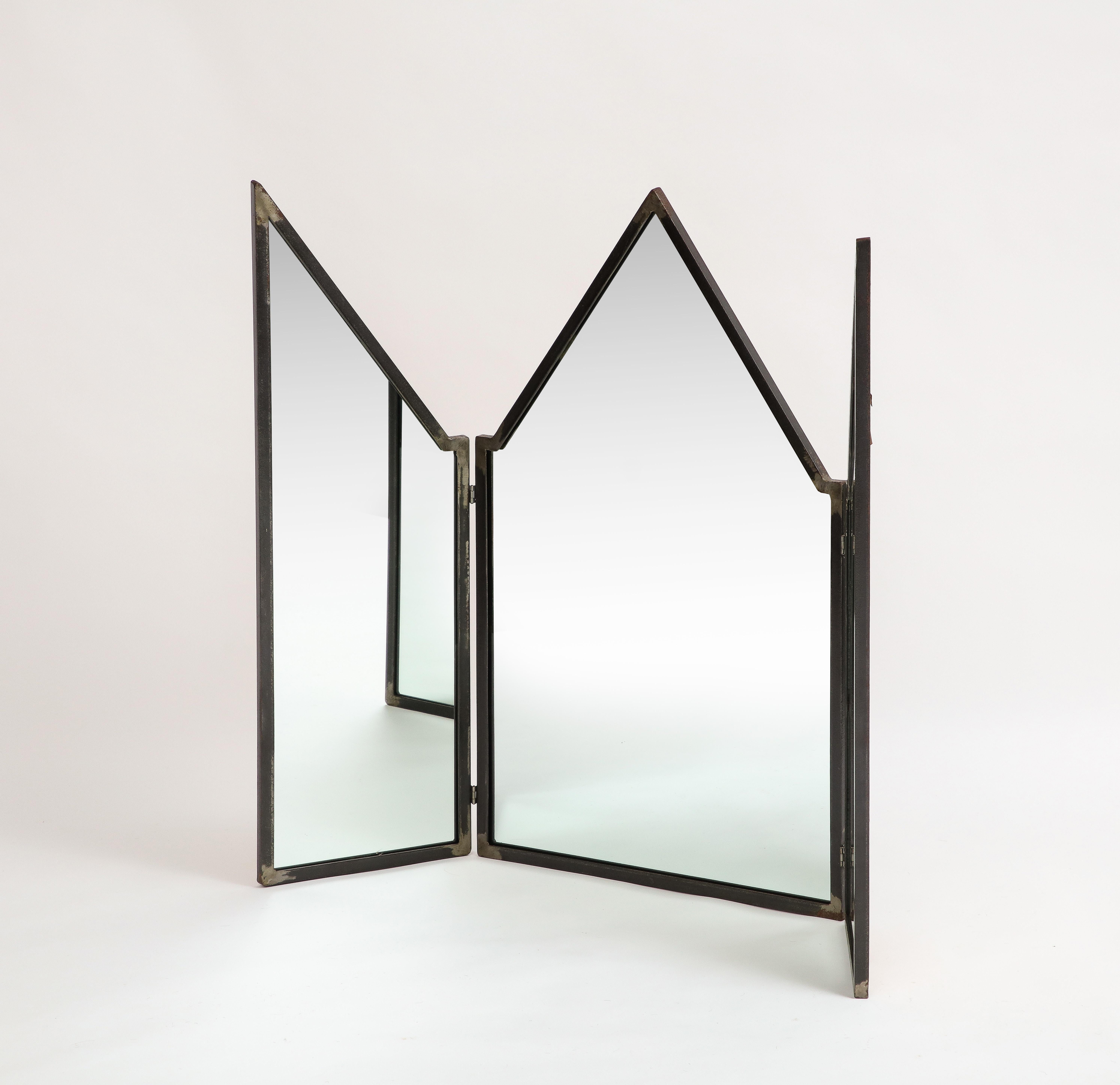 Modern Mario Villa Patinated Iron Folding Mirror with Three Panels For Sale