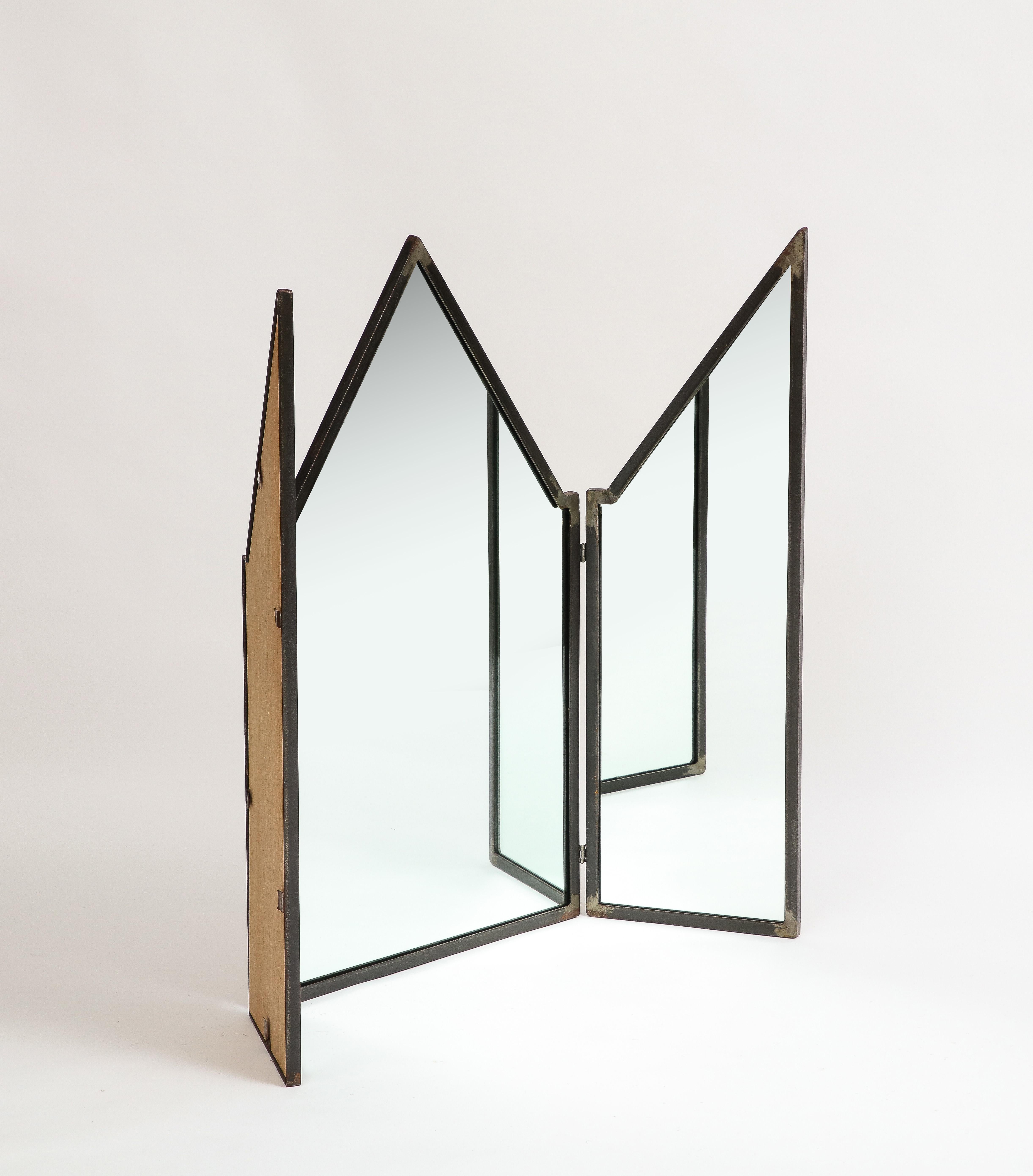 American Mario Villa Patinated Iron Folding Mirror with Three Panels For Sale