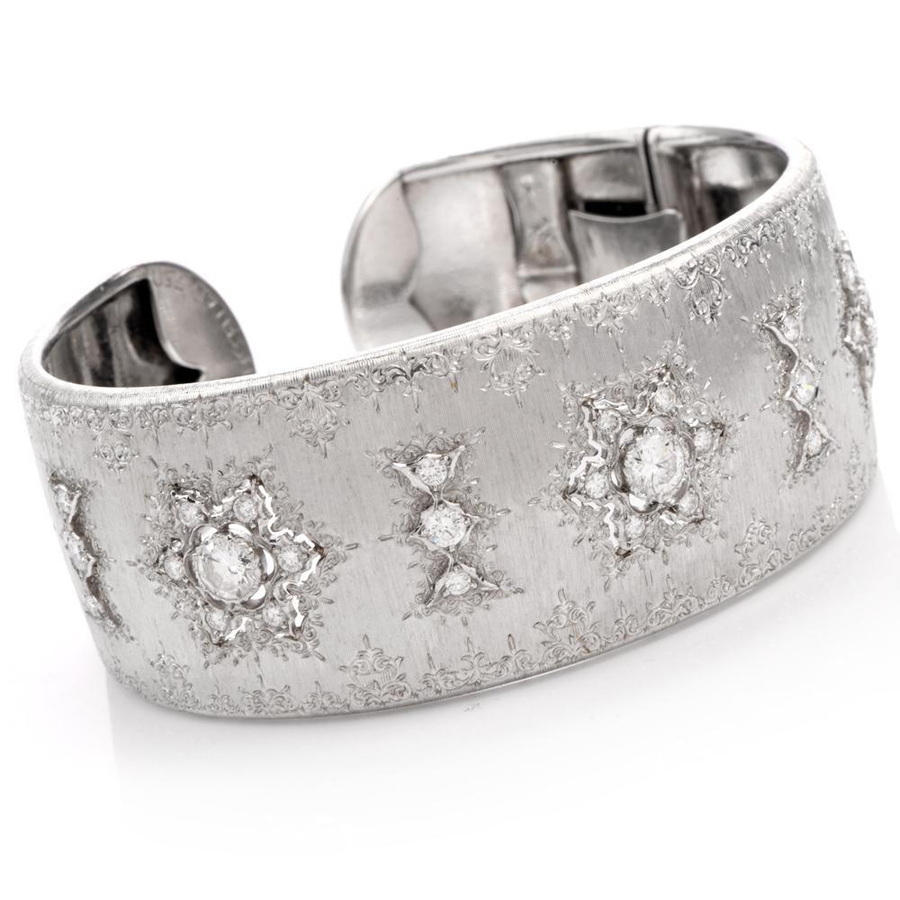 Handcrafted by Italian aritisans using old world techniques, Mario Buccellati's

remarkable hand embellished cuff is a perfect gift to celebrate

any occassion. 

Crafted in 18K white gold, hand engraving in 